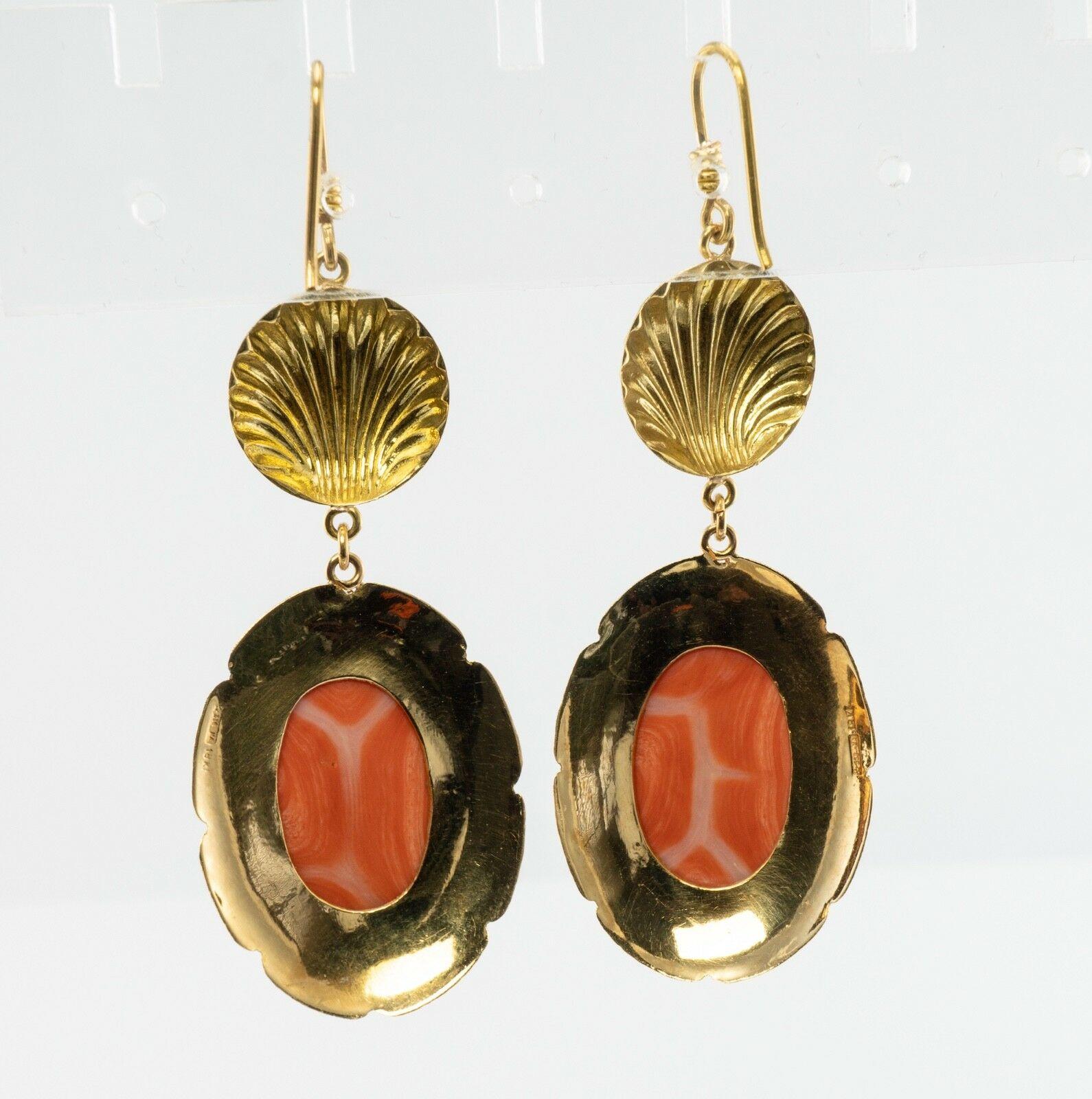 Women's Red Sea Coral Earrings Cameo 18K Gold Vintage For Sale