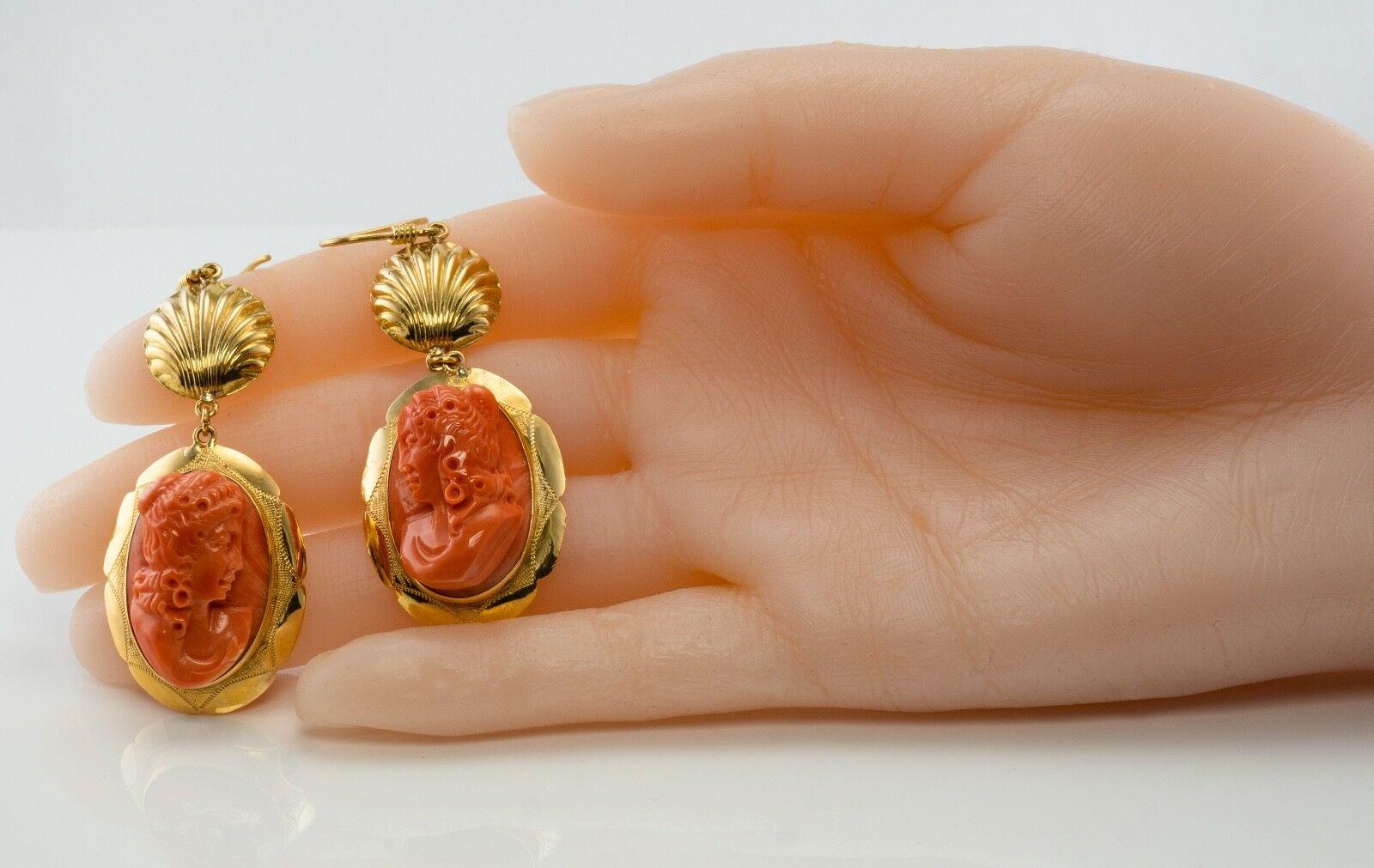 Red Sea Coral Earrings Cameo 18K Gold Vintage For Sale 2