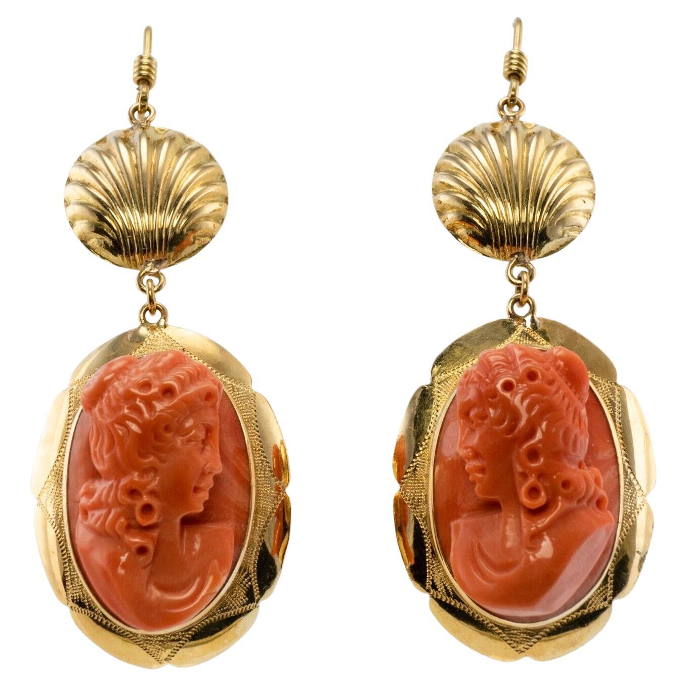 Red Sea Coral Earrings Cameo 18K Gold Vintage