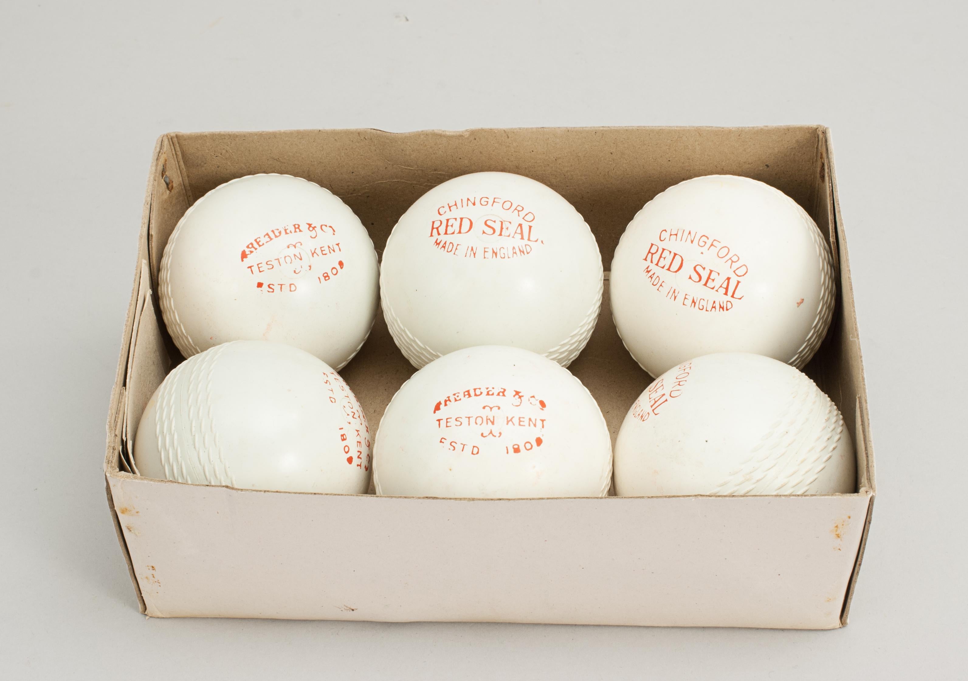 Chingford Red Seal Hockey Balls.
Six Chingford Red Seal hockey balls in excellent condition. The balls were retailed by A. Reader & Co., Teston Kent. According to 'Hockey News' in April 1964 in an advert for Chingford Red Seal hockey balls 'On all