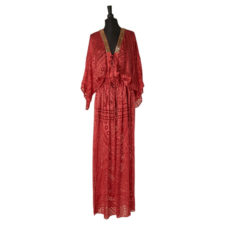Red see-through evening dress with gold plastic embellishment JUST CAVALLI  New For Sale at 1stDibs