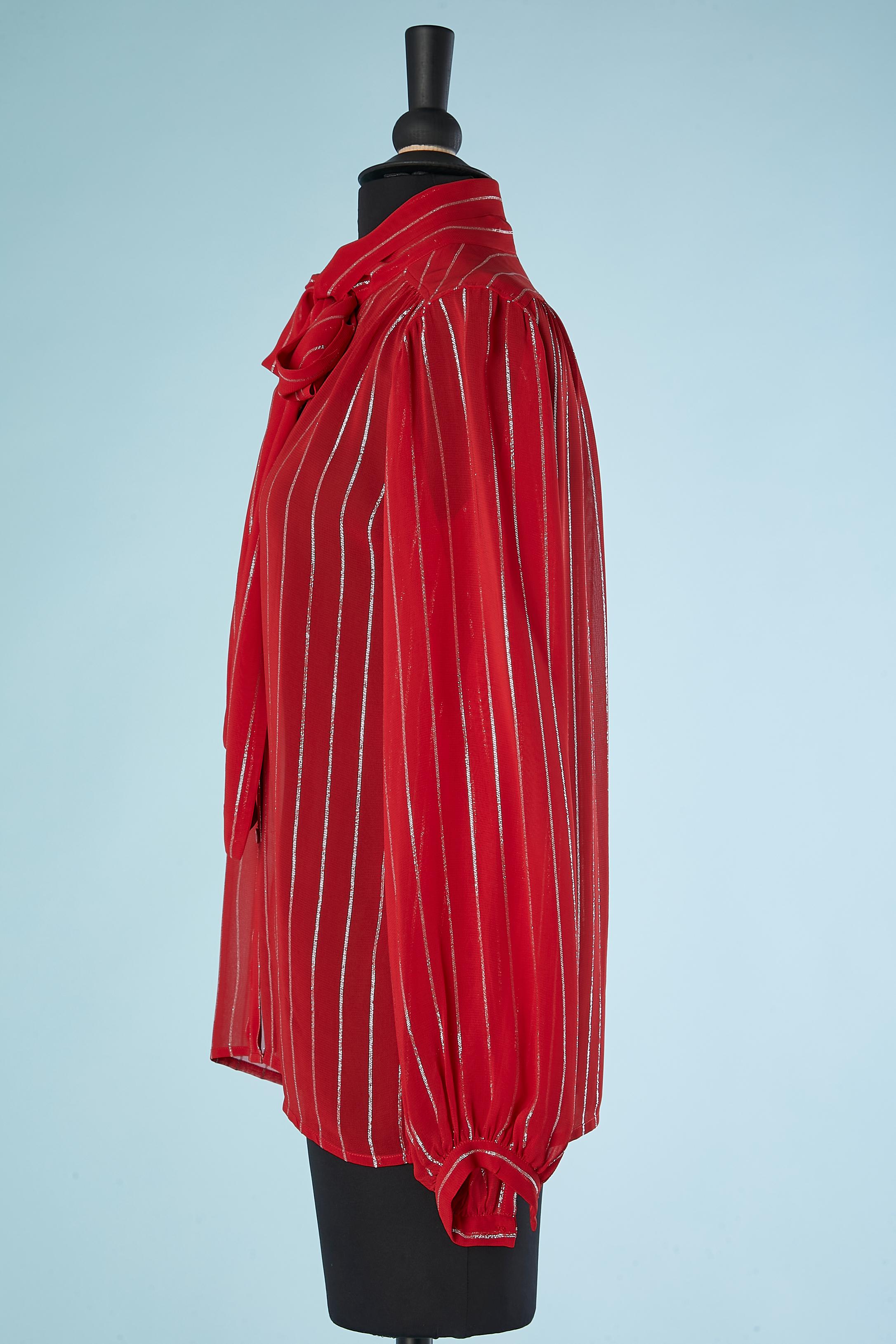 Women's Red see-through shirt with silver lurex stripe and bow Saint Laurent Rive Gauche