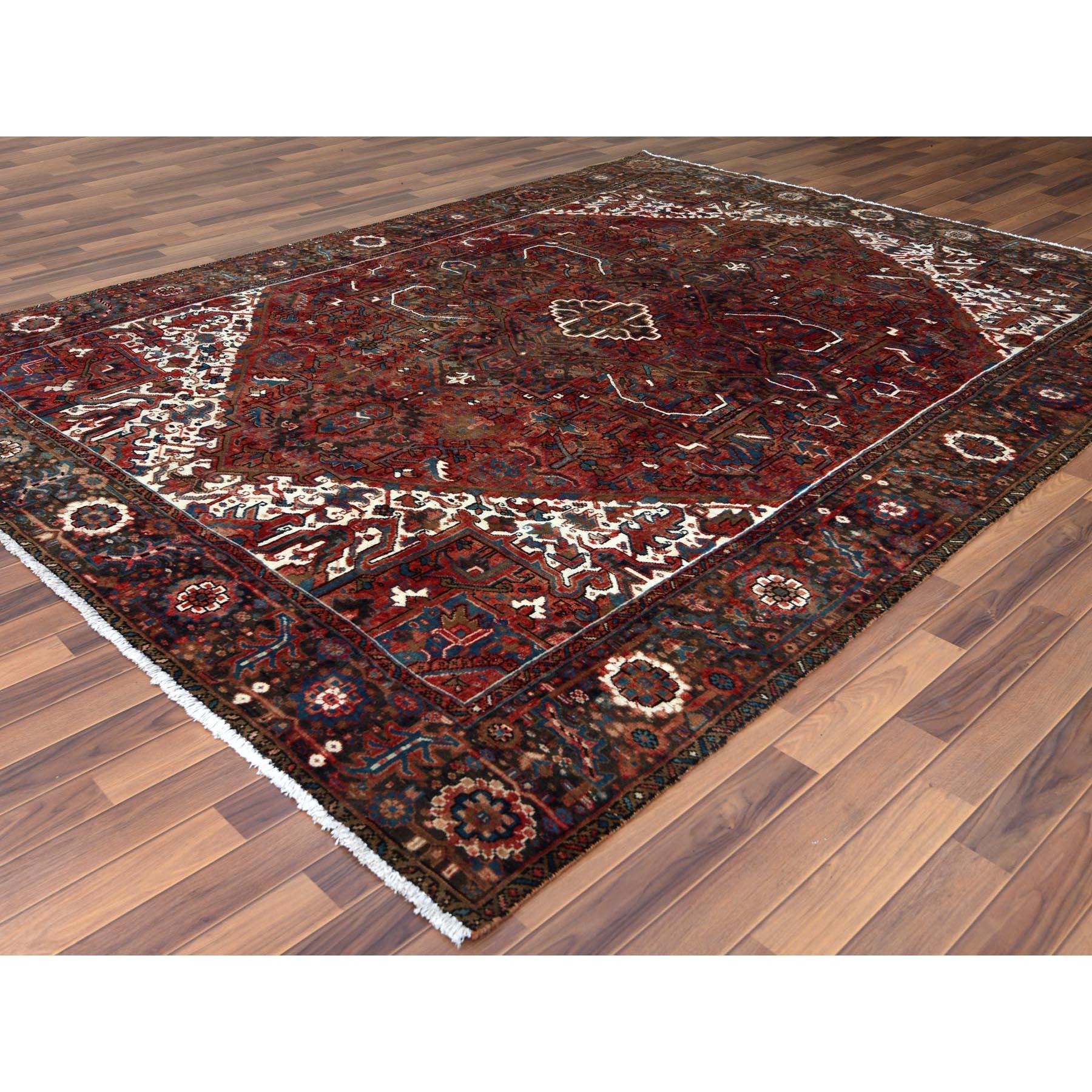 Hand-Knotted Red Semi Antique Persian Heriz Full Pile Flower Oriental Rug