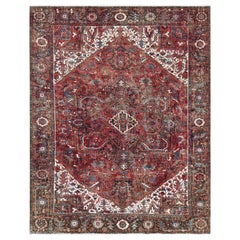 Red Semi Antique Persian Heriz Full Pile Flower Oriental Rug