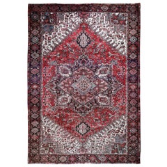 Red Semi Antique Persian Heriz Geometric Design Thick and Plush Hand Knotted