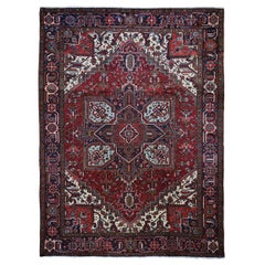 Red Semi Antique Persian Heriz Geometric Design Thick and Plush Hand Knotted