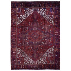 Red Semi Antique Persian Heriz Geometric Design Thick and Plush Hand Knotted