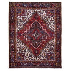 Red Semi Antique Persian Heriz Geometric Design Thick and Plush Hand Knotted