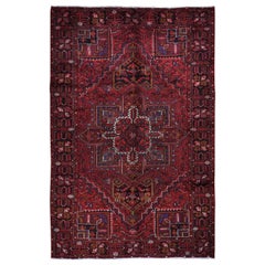 Red Semi Antique Persian Heriz Geometric Design Thick and Plush Hand Knotted
