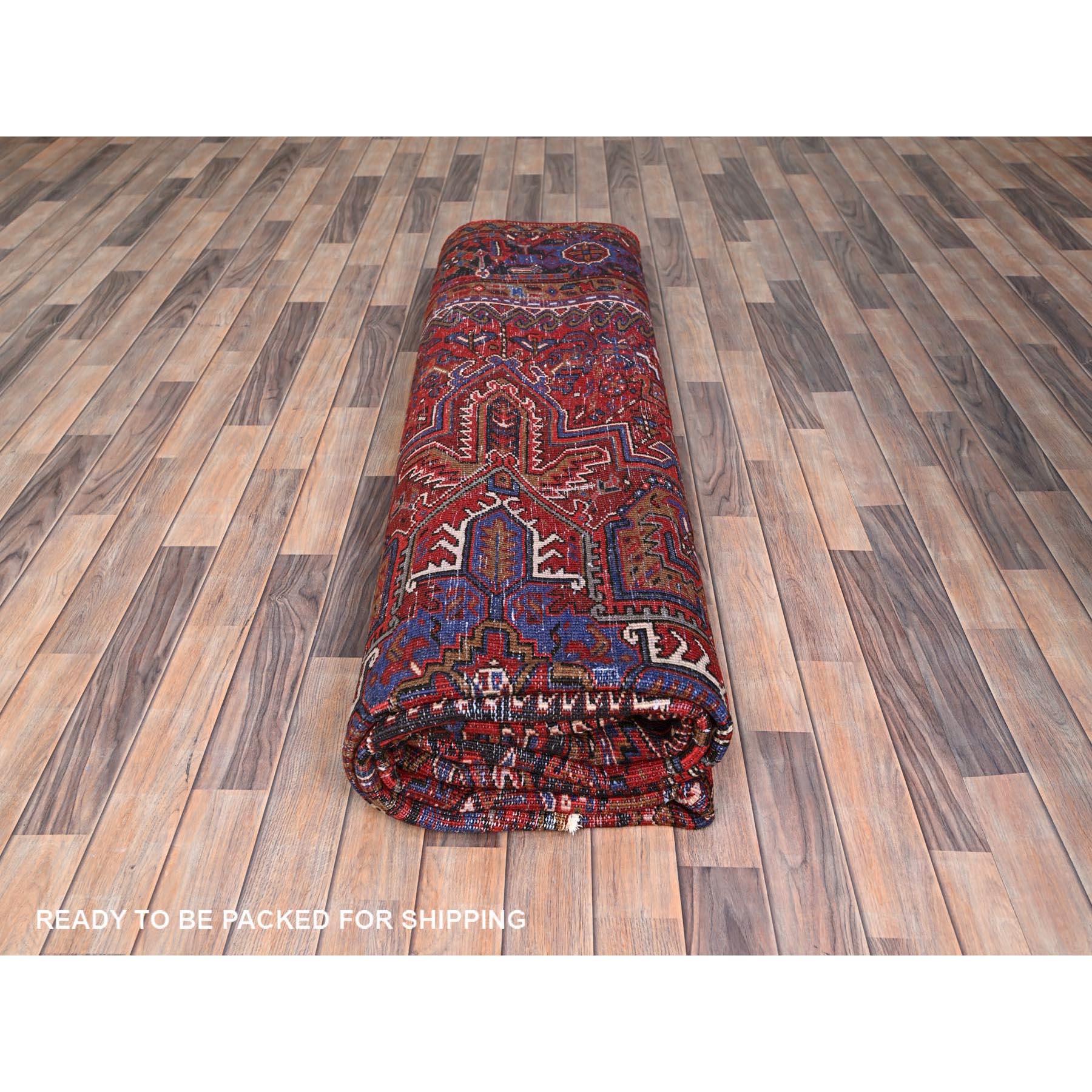 Red Semi Antique Persian Heriz Good Cond Rustic Feel Worn Wool Hand Knotted Rug For Sale 5