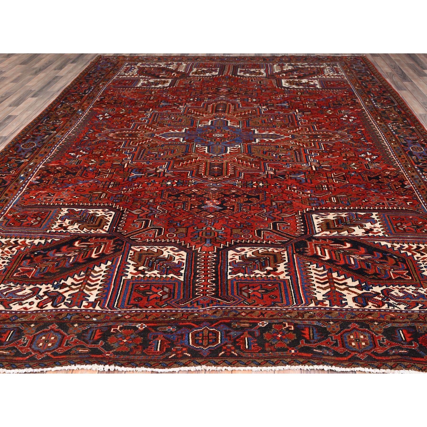 Hand-Knotted Red Semi Antique Persian Heriz Good Cond Rustic Feel Worn Wool Hand Knotted Rug For Sale