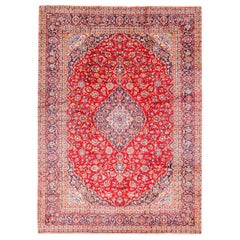 Red Semi Antique Persian Kashan Pure Wool Hand Knotted Oriental Rug