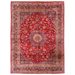 Red Semi Antique Persian Mashad Full Pile Thick and Plush Hand Knotted Oriental