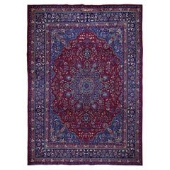 Red Semi Antique Persian Mashad Signed Full Pile Hand Knotted Oriental Rug