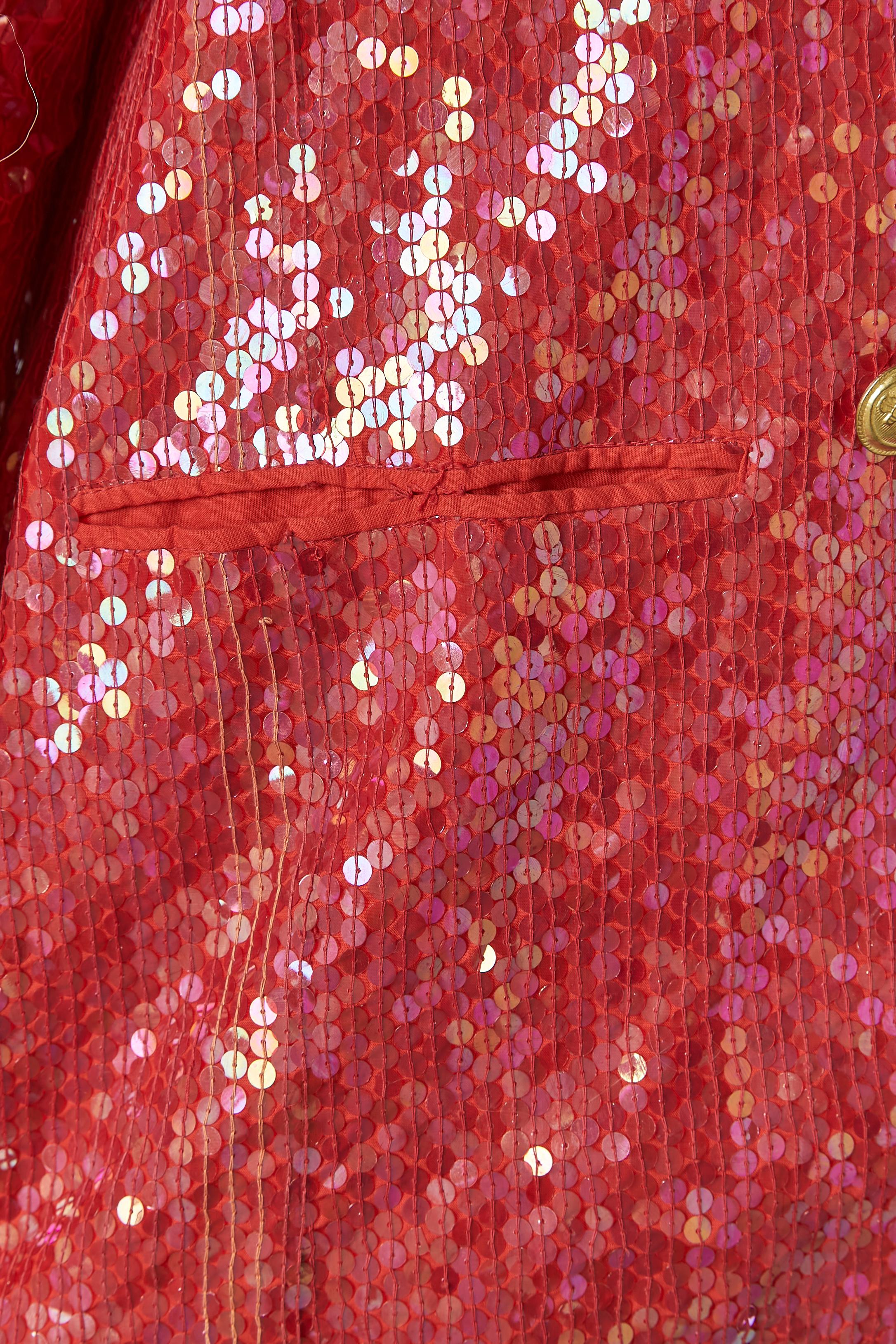 Women's Red sequin double-breasted jacket with military buttons and gold braids For Sale