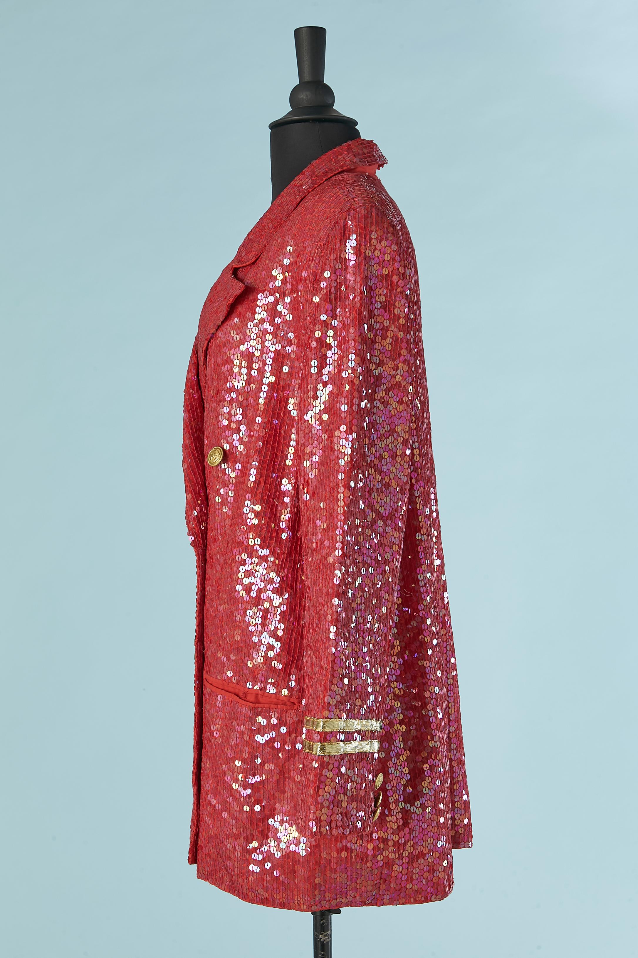 Red sequin double-breasted jacket with military buttons and gold braids For Sale 1