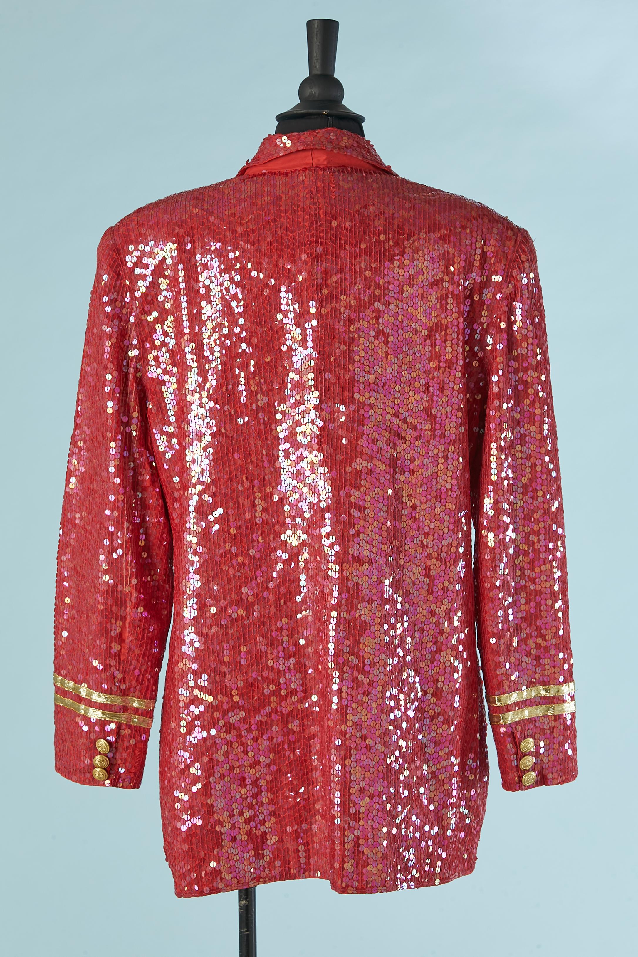 Red sequin double-breasted jacket with military buttons and gold braids For Sale 2