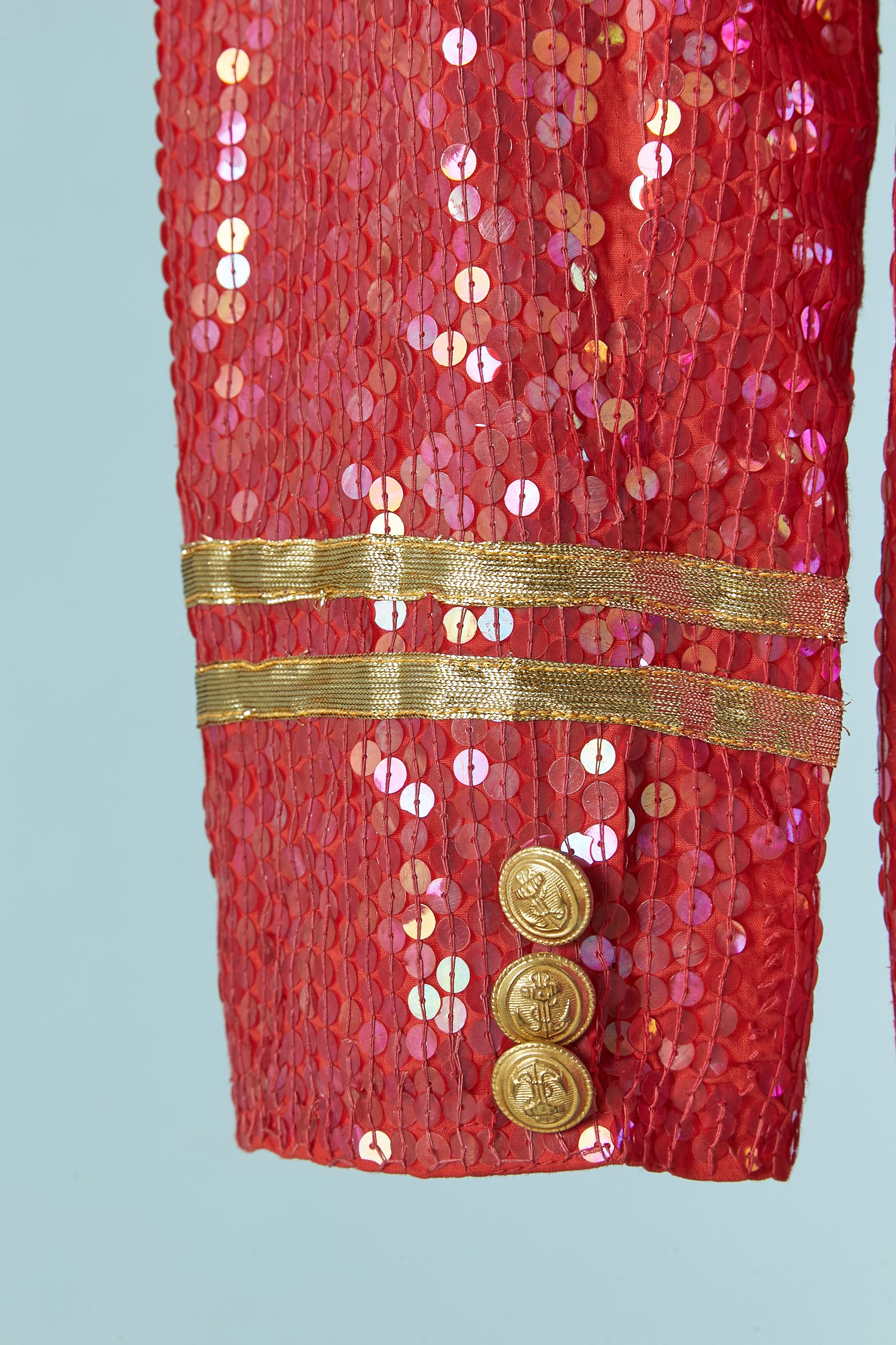 Red sequin double-breasted jacket with military buttons and gold braids For Sale 4