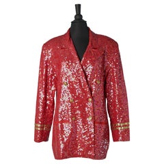 Red sequin double-breasted jacket with military buttons and gold braids