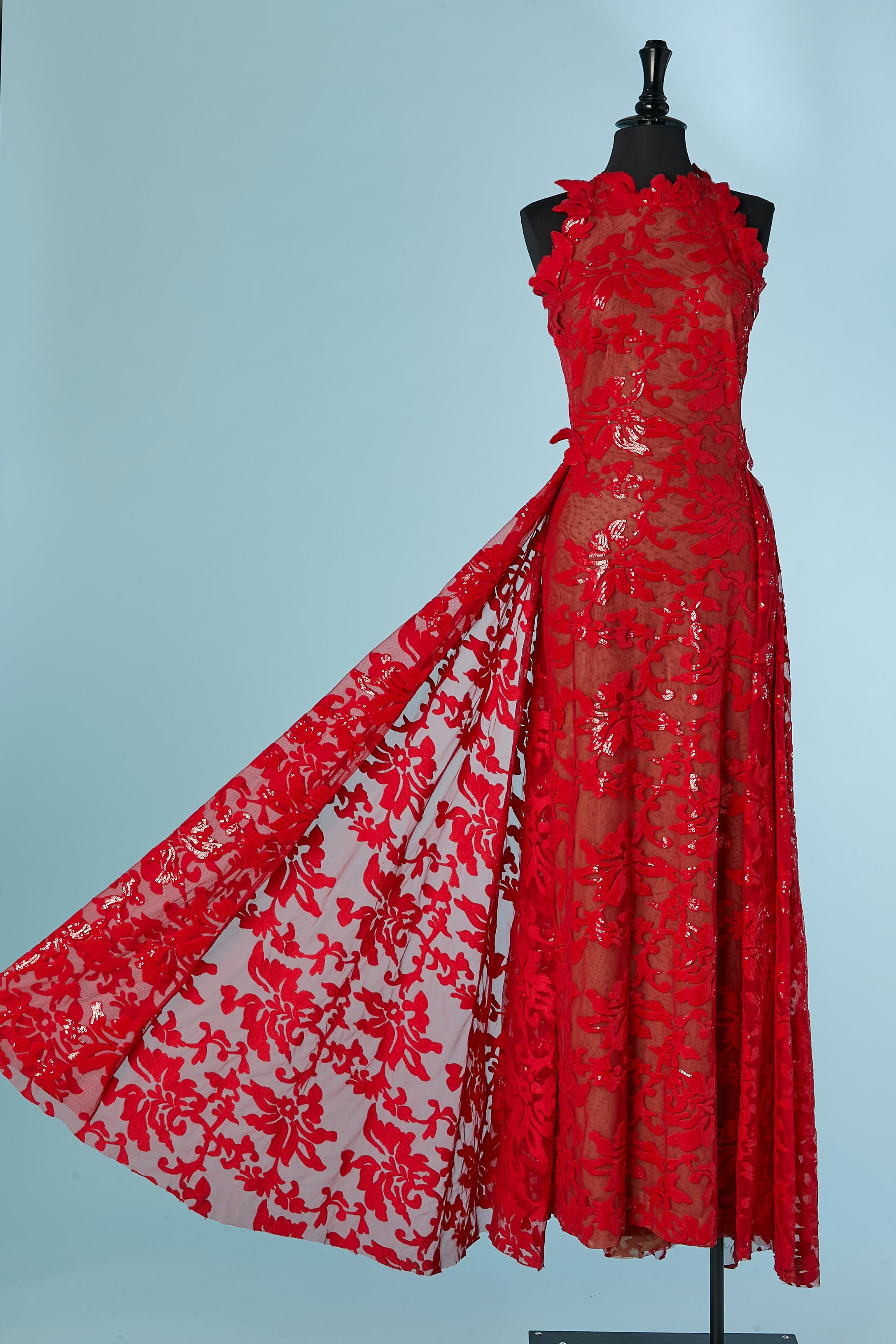 De las mujeres Vestido de noche rojo bordado de lentejuelas con sobrefalda en la espalda Marc Bouwer en venta