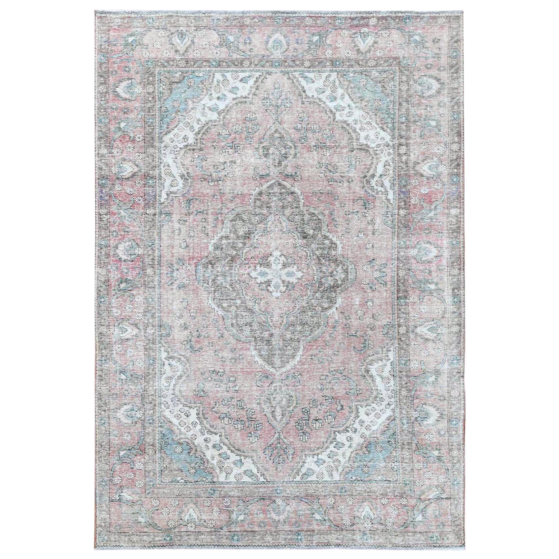 Red Shabby Chic Old Persian Tabriz Medallion Design Oriental Rug For Sale