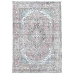 Used Red Shabby Chic Old Persian Tabriz Medallion Design Oriental Rug