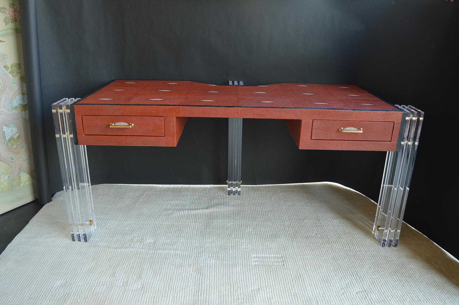 Red Shagreen and Lucite Desk In Good Condition In Los Angeles, CA