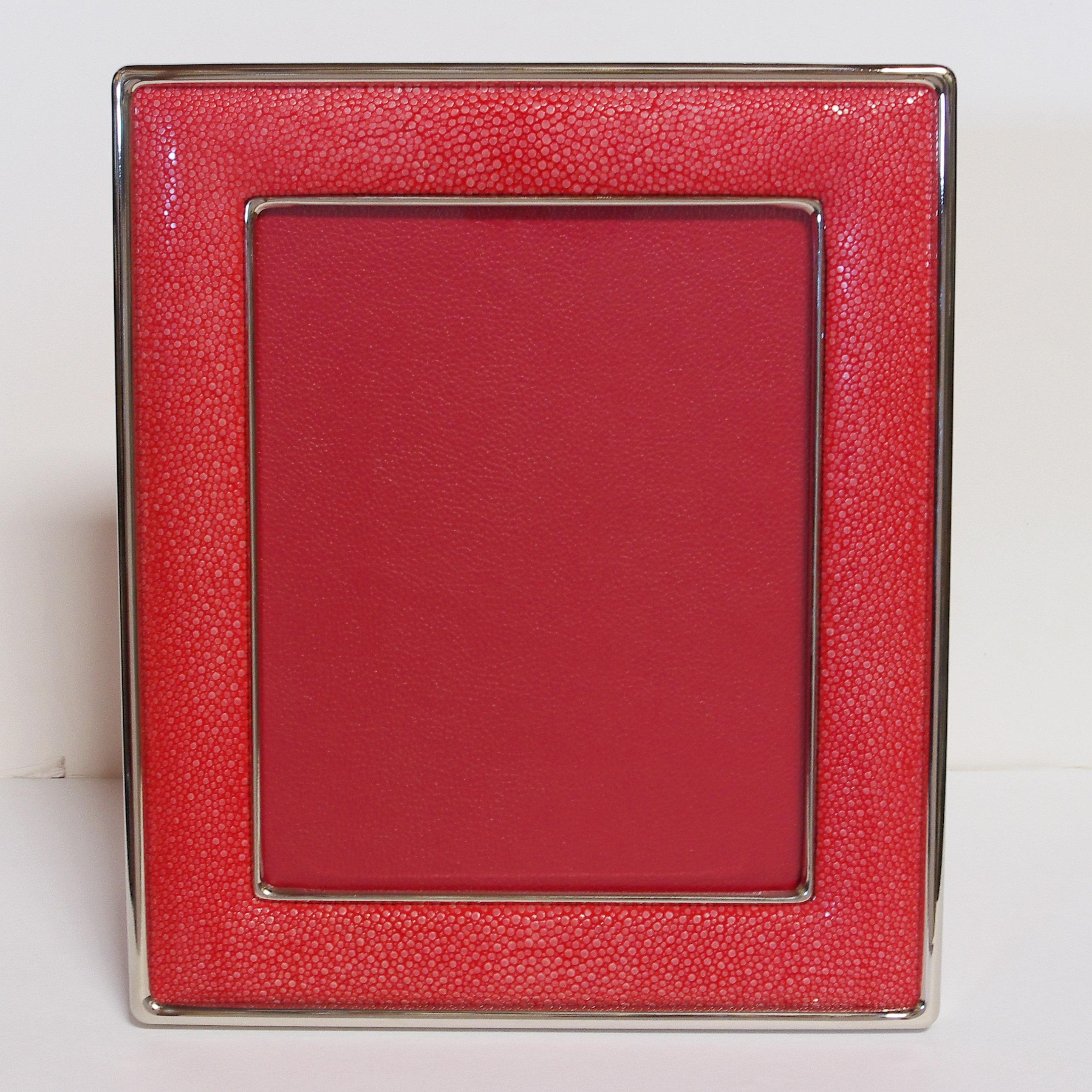 Red shagreen leather and nickel plated photo frame with presentation red leather box by Fabio Ltd
Height: 13 inches / Width: 11.5 inches / Depth: 1 inch 
Photo Size: 8 inches by 10 inches
LAST 2 in stock in Los Angeles
Order Reference #: FABIOLTD