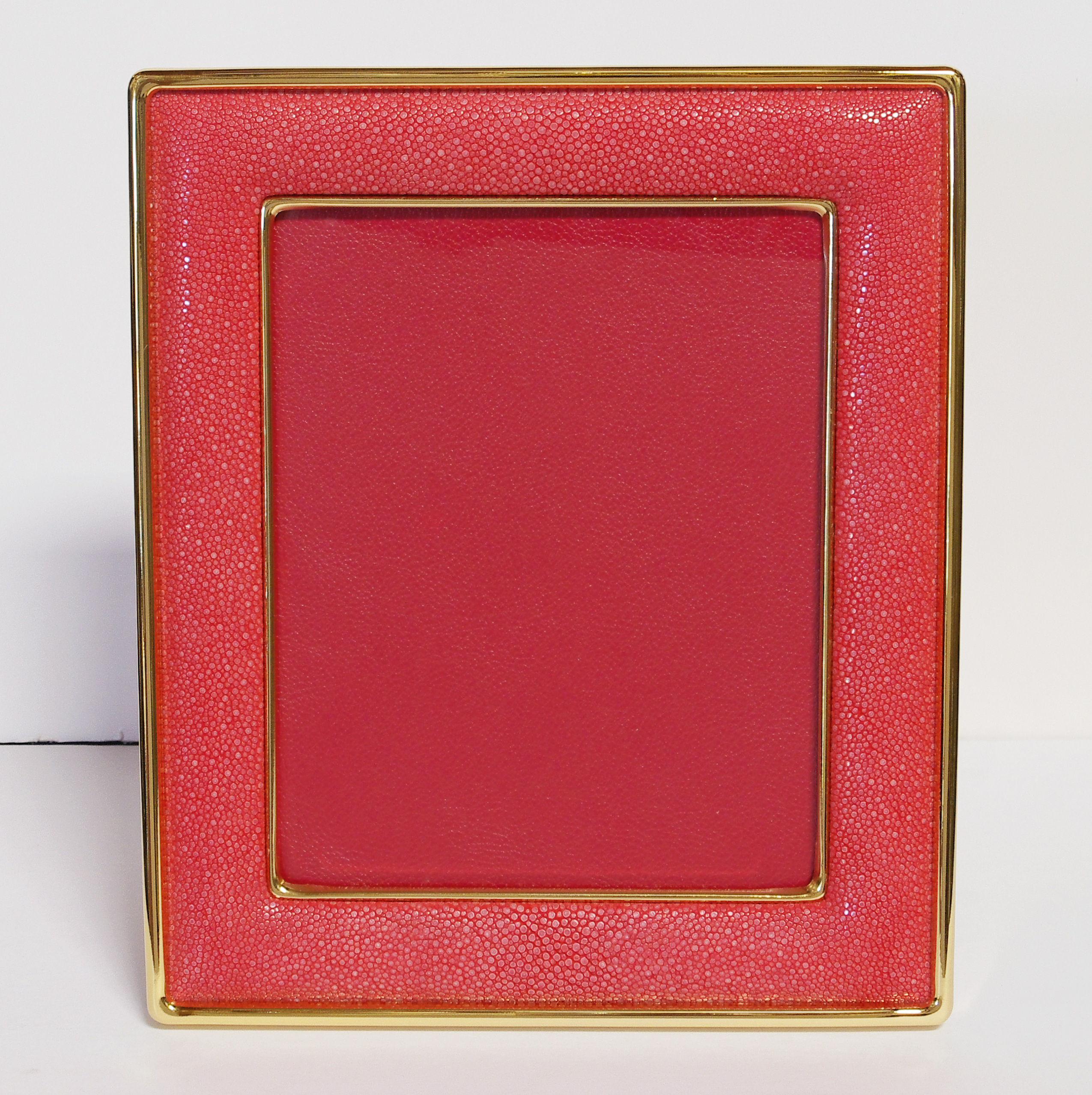Red shagreen leather and 24 karat gold-plated photo frame with presentation red leather box by Fabio Ltd
Height: 13 inches / Width: 11.5 inches / Depth: 1 inch 
Photo Size: 8 inches by 10 inches
LAST 2 in stock in Los Angeles
Order Reference #: