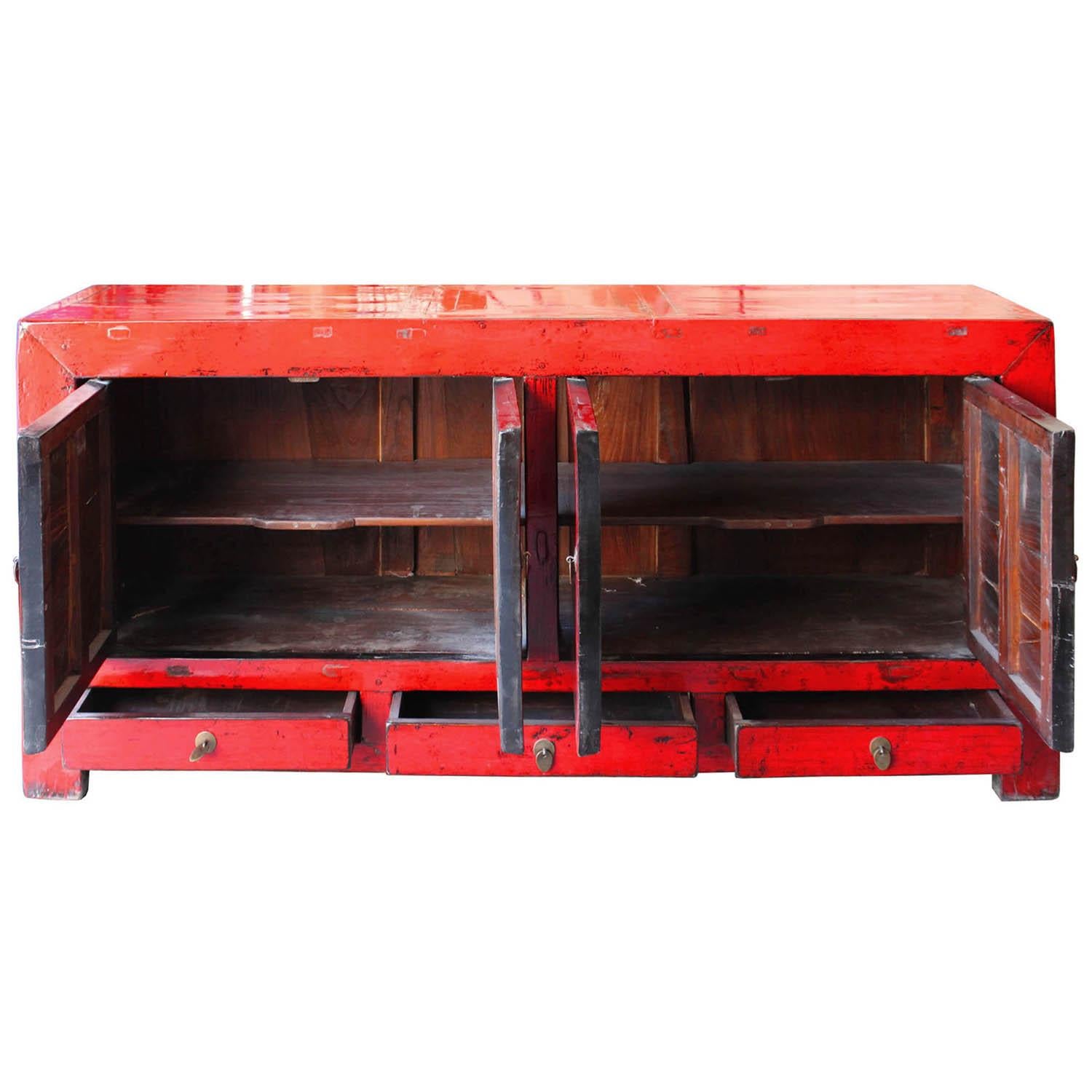 4-door red lacquer sideboard with clean lines and exposed wood edges will be the focal point in any room in the house. Use as a serving buffet with plenty of storage below or beneath a flat screen TV. Shandong, China. New interior shelving and