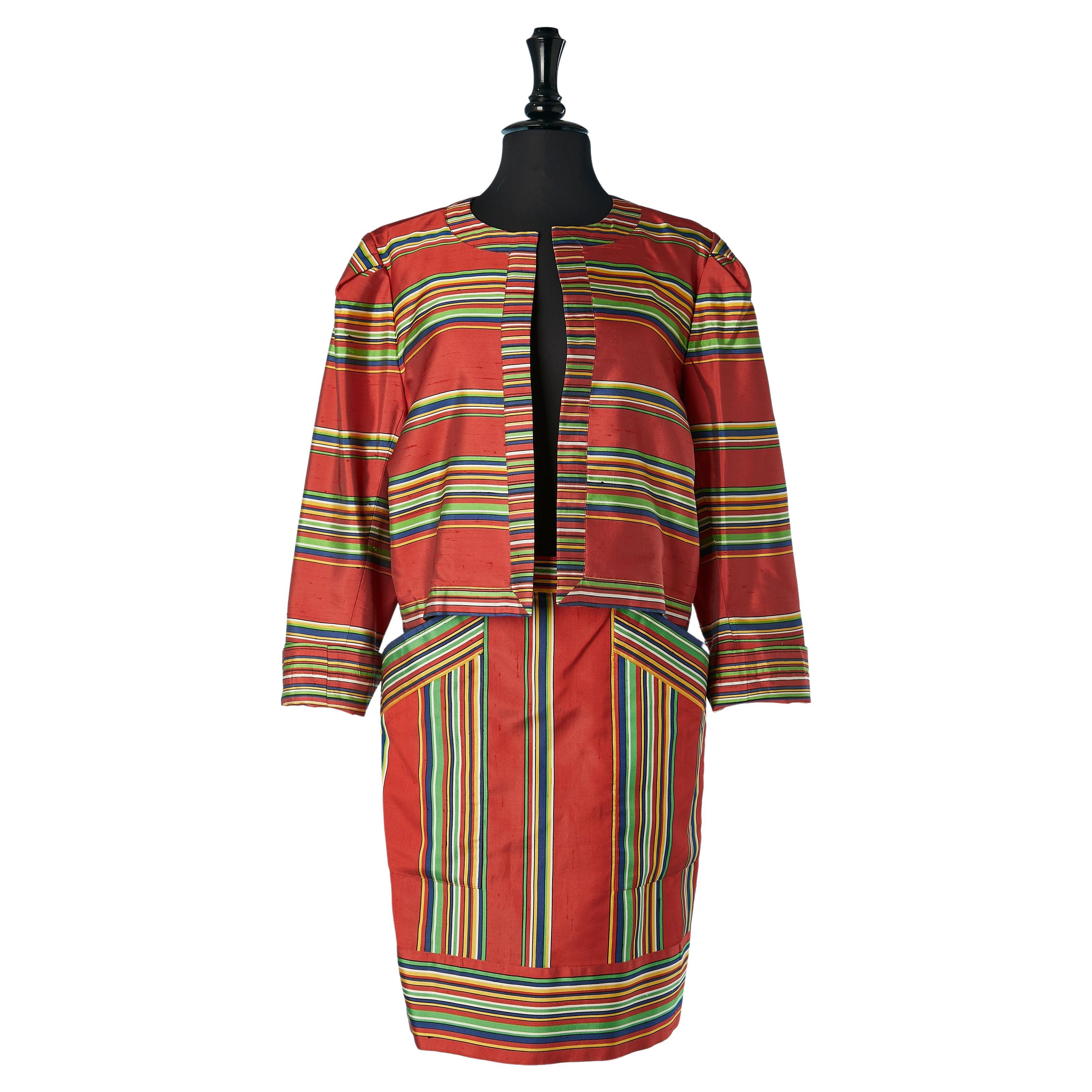 Red shantung skirt -suit with stripe pattern Yves Saint Laurent Rive Gauche  For Sale