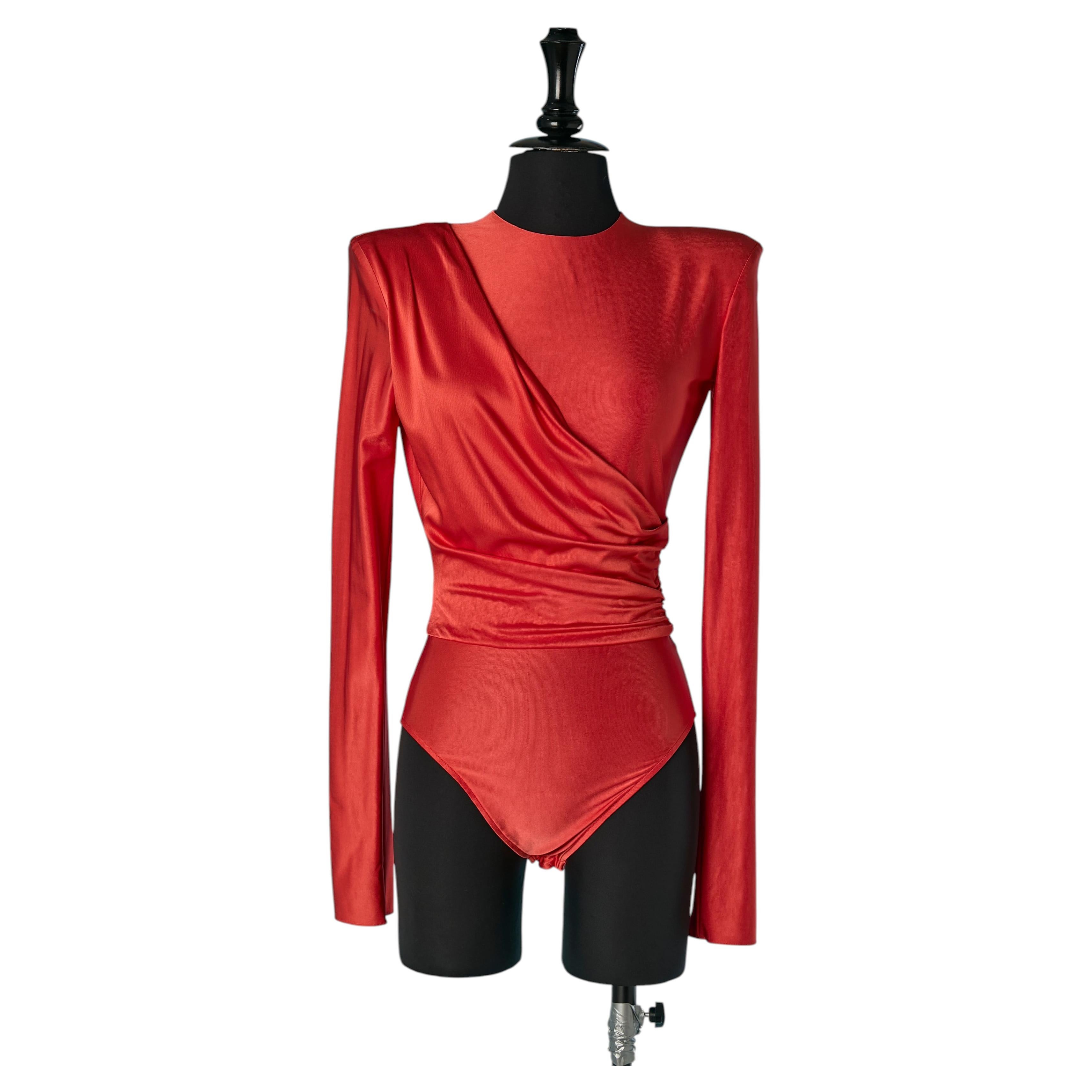 Red shiny jersey draped body-suit ALEXANDRE VAUTHIER For Sale