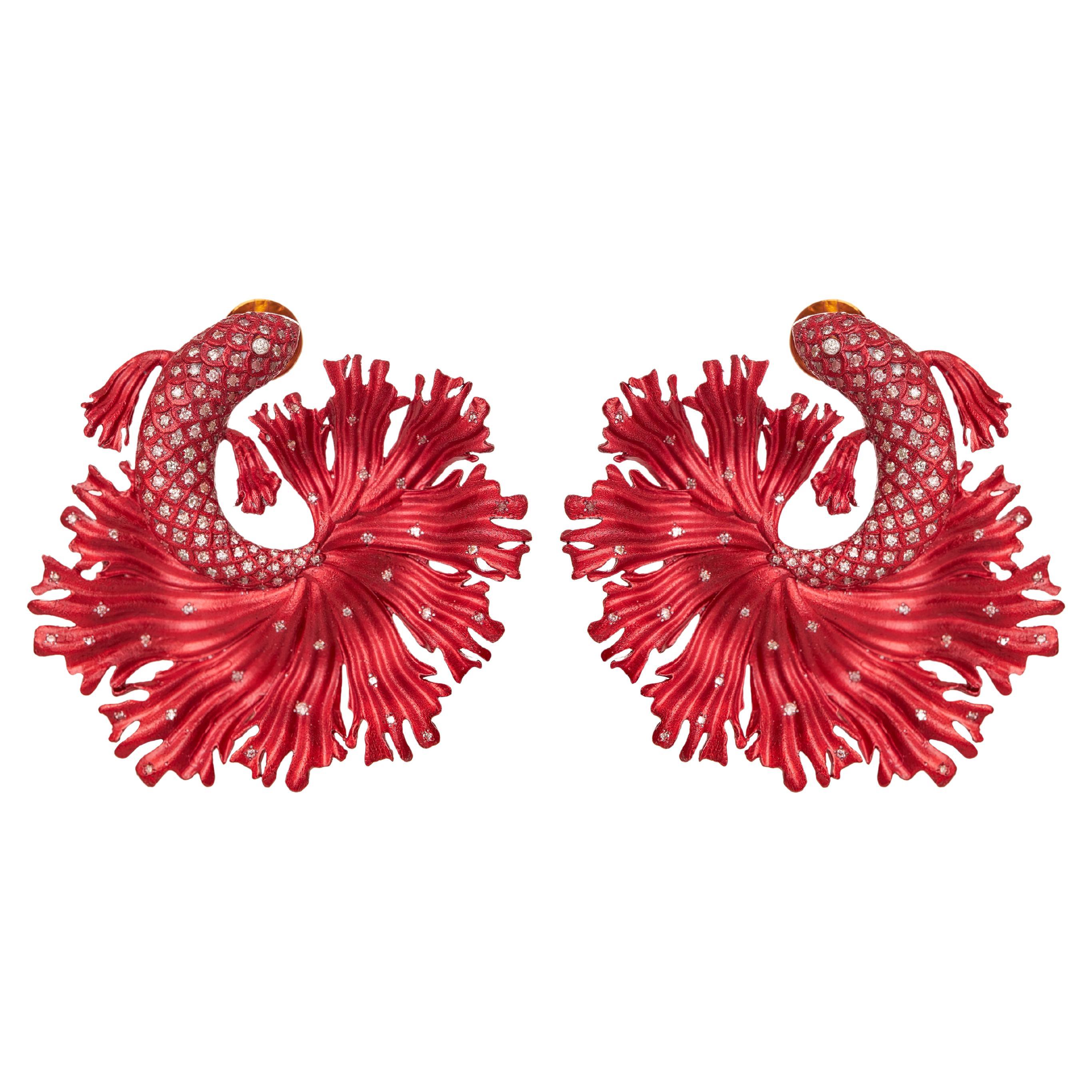 Orecchini con pesce combattente siamese rosso - Alluminio riciclato, oro 18kt e diamanti