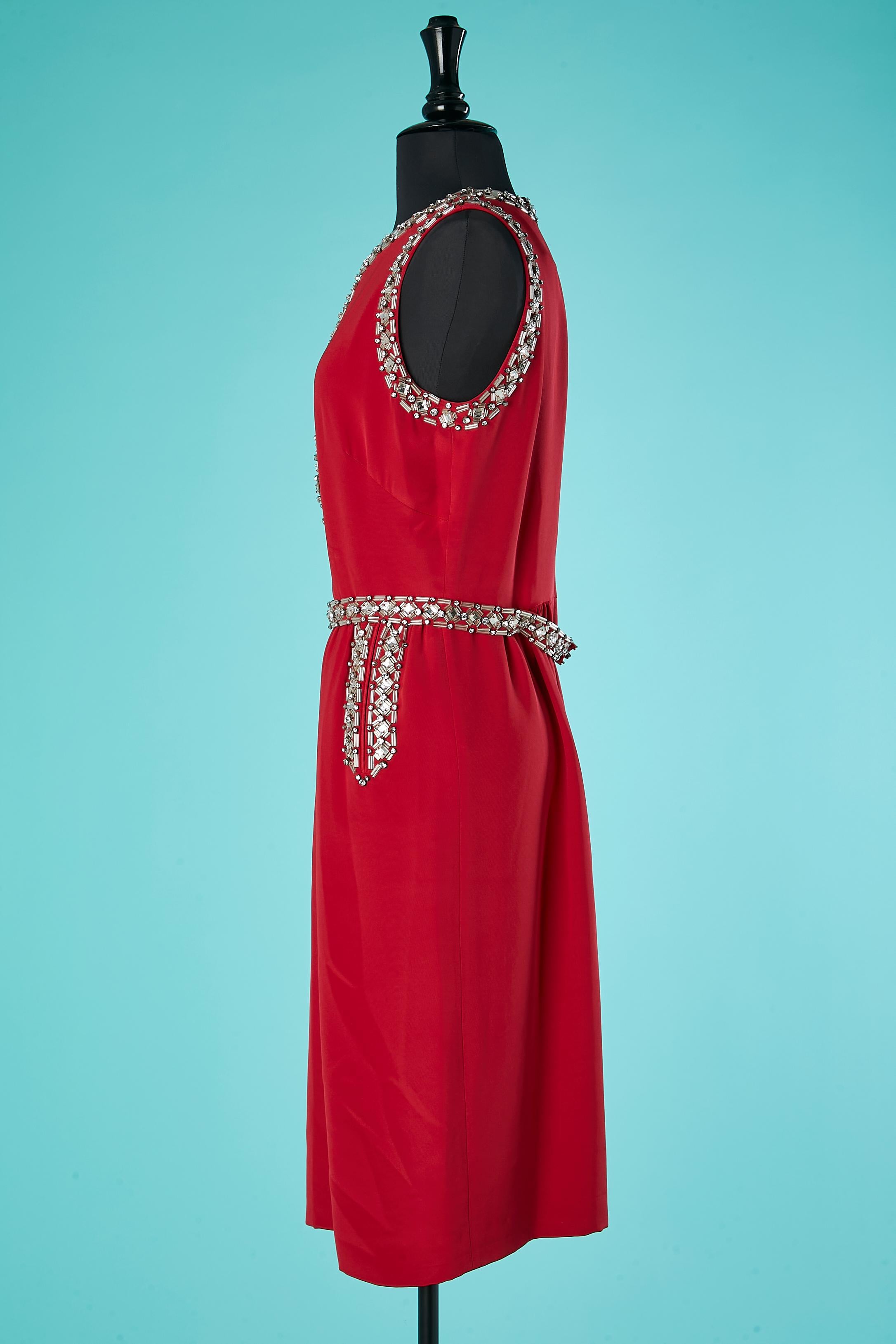 Red silk and rhinestone sleeveless cocktail dress Azzaro Paris  For Sale 1