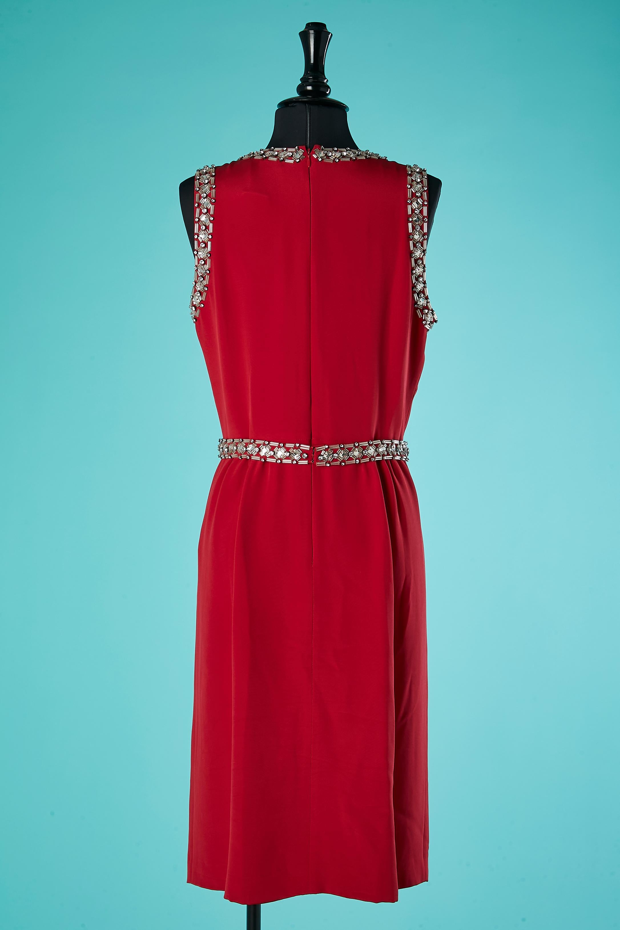 Red silk and rhinestone sleeveless cocktail dress Azzaro Paris  For Sale 2
