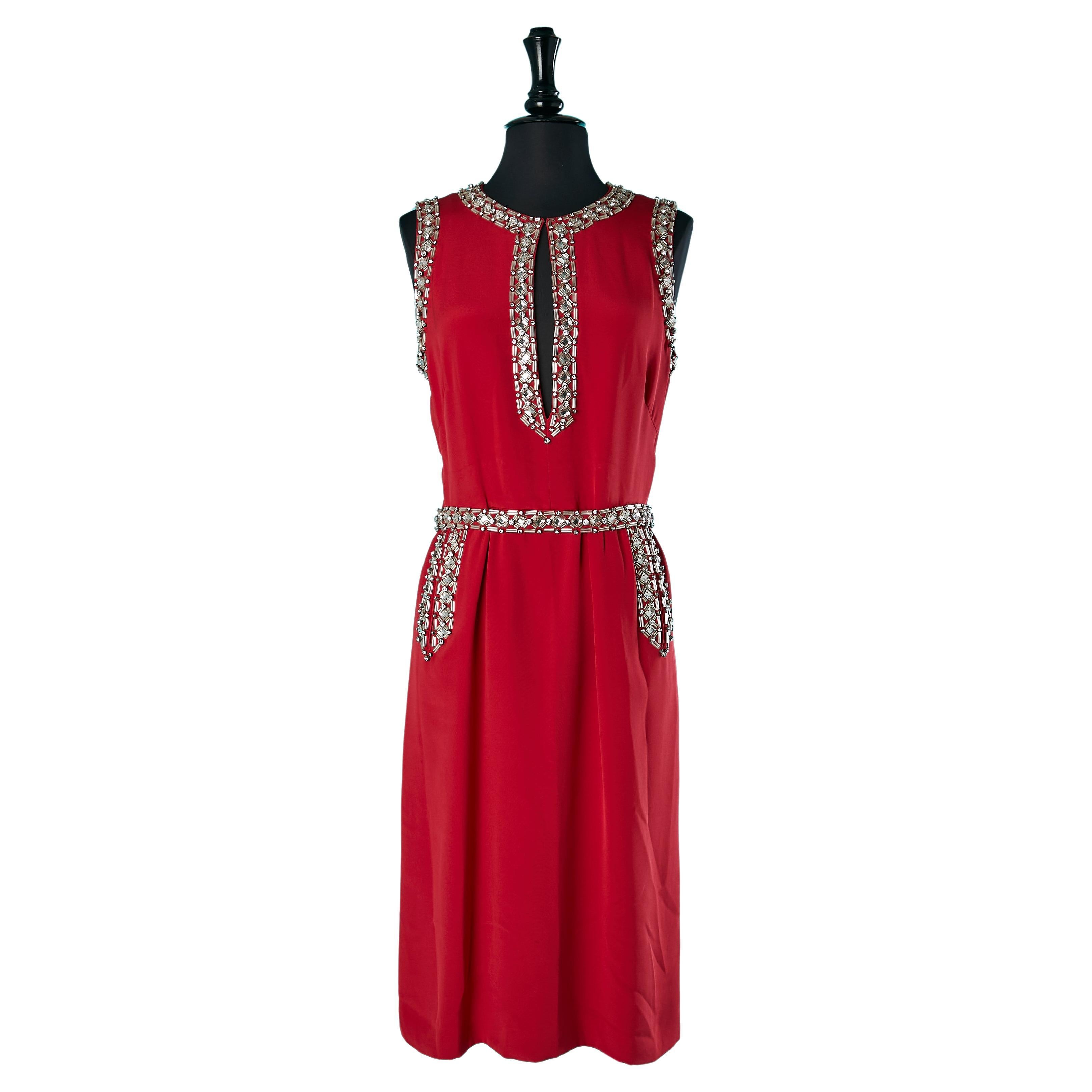 Red silk and rhinestone sleeveless cocktail dress Azzaro Paris  For Sale