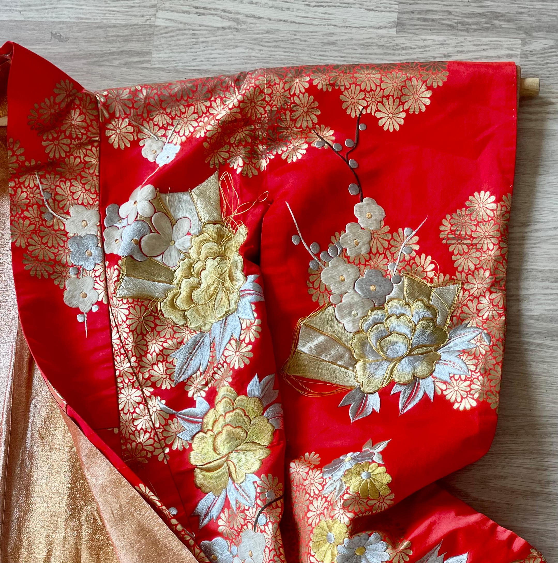 Colorful vintage silk brocade wedding ceremonial kimono.
Museum quality, Mid century, Japan