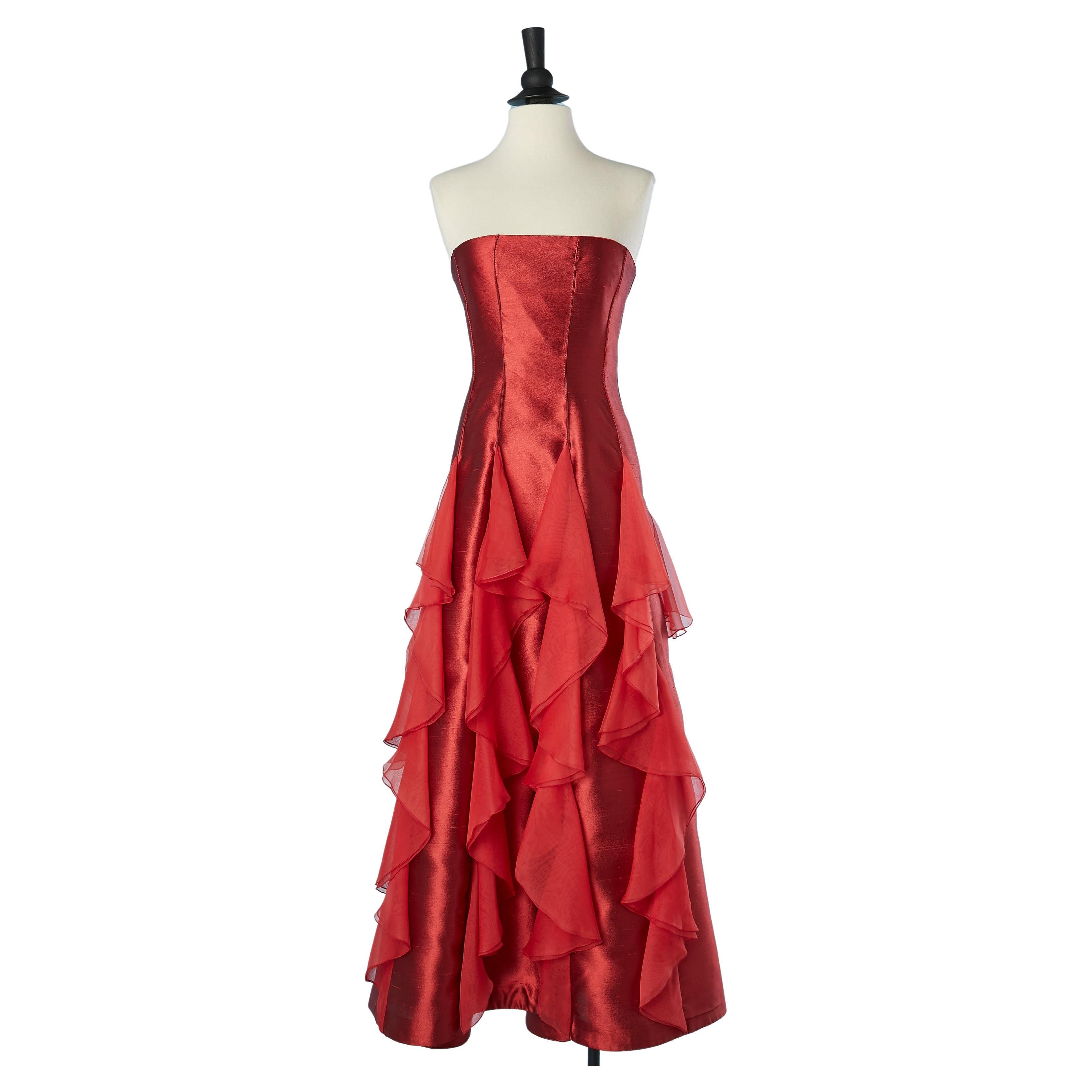 Red silk bustier evening dress with silk chiffon ruffles Valentino Boutique