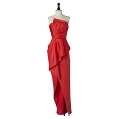Red silk bustier evening dress wrapped on the front J Mendel