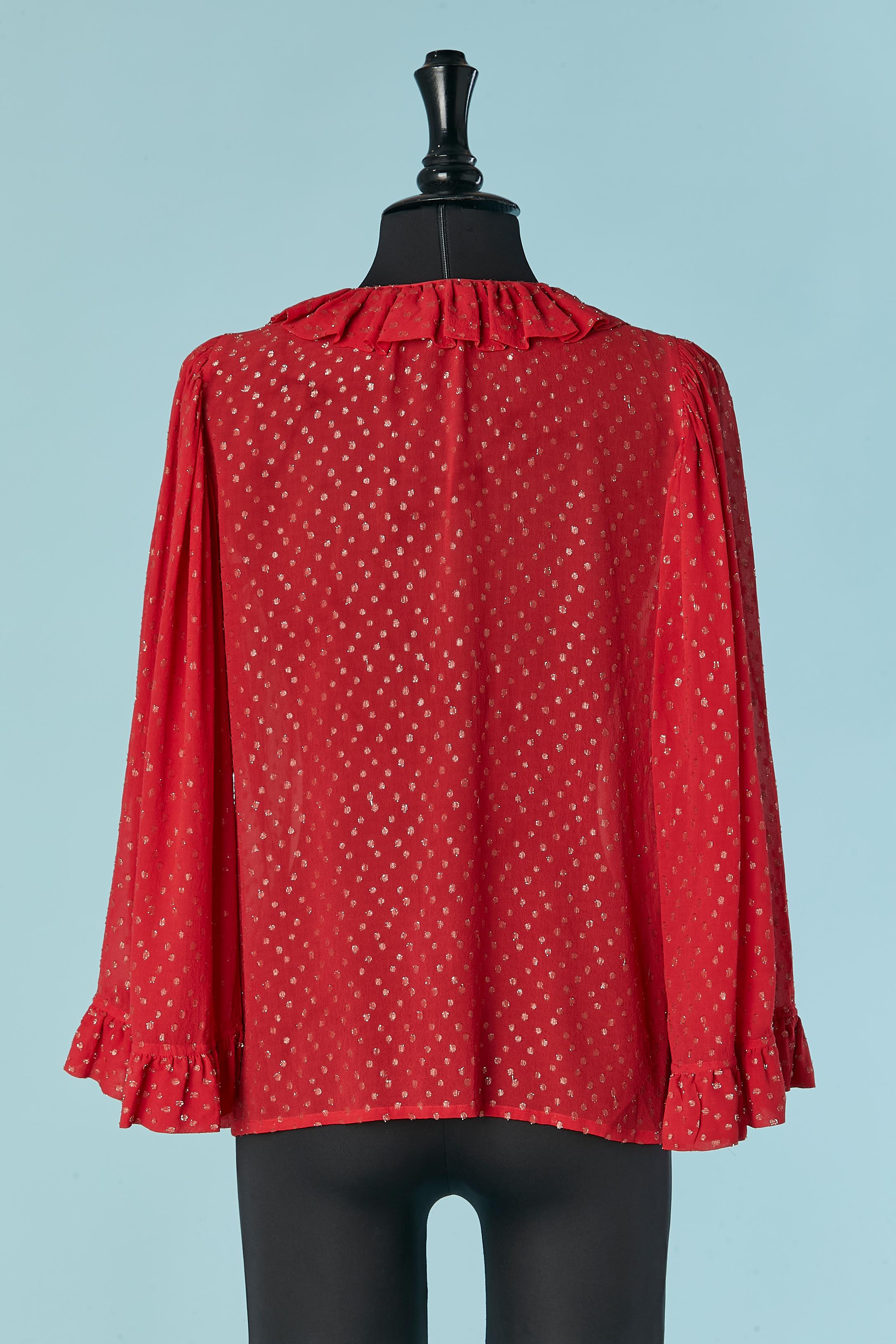 Camicetta in chiffon di seta rossa con collo a balze e nappina Saint Laurent Rive Gauche in vendita 1