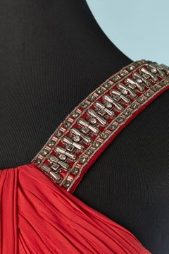 Red silk chiffon evening dress with shoulder straps rhinestone  Roberto Cavalli