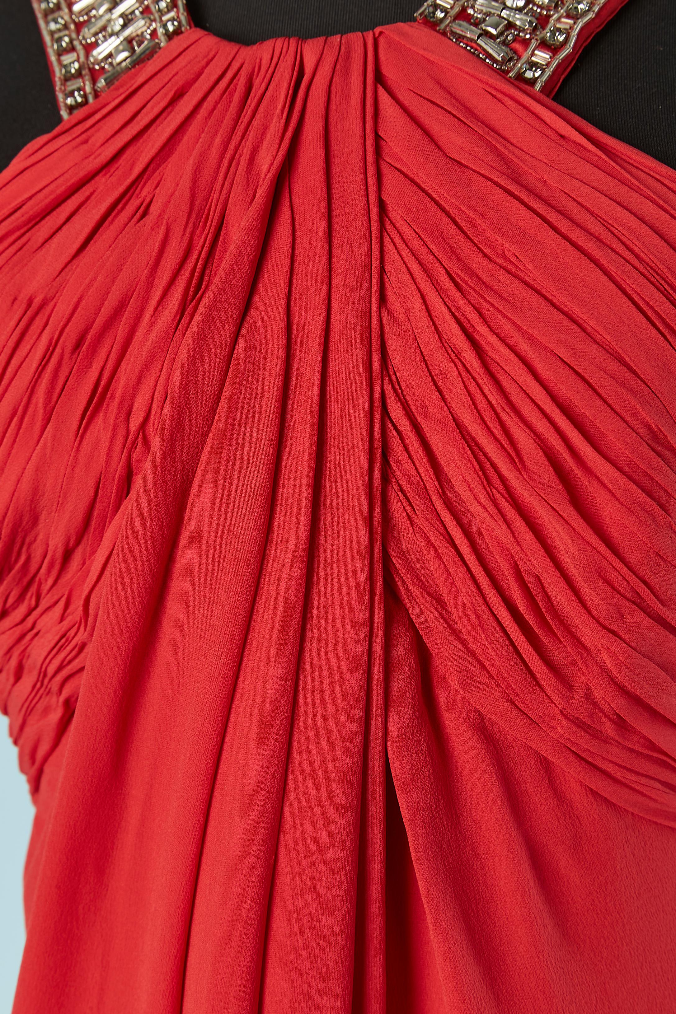 Red silk chiffon evening dress with shoulder straps rhinestone  Roberto Cavalli In Excellent Condition For Sale In Saint-Ouen-Sur-Seine, FR