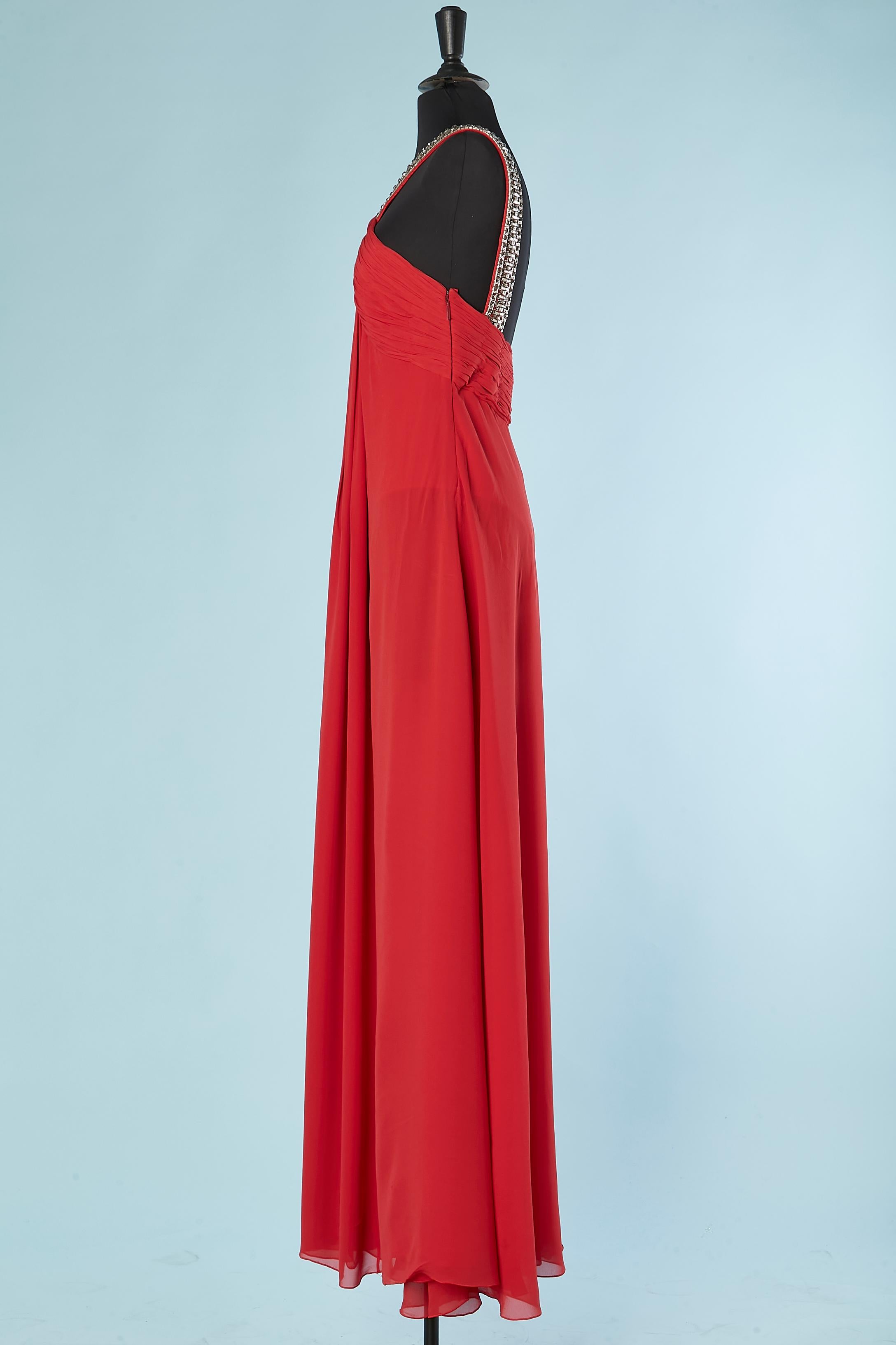 Women's Red silk chiffon evening dress with shoulder straps rhinestone  Roberto Cavalli For Sale