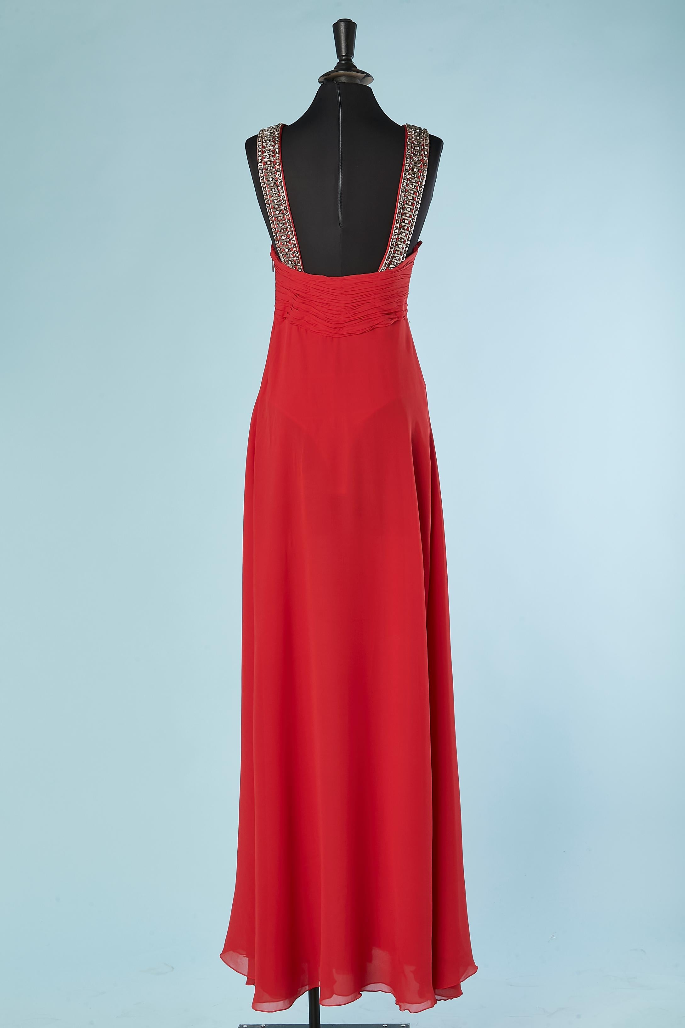 Red silk chiffon evening dress with shoulder straps rhinestone  Roberto Cavalli For Sale 1