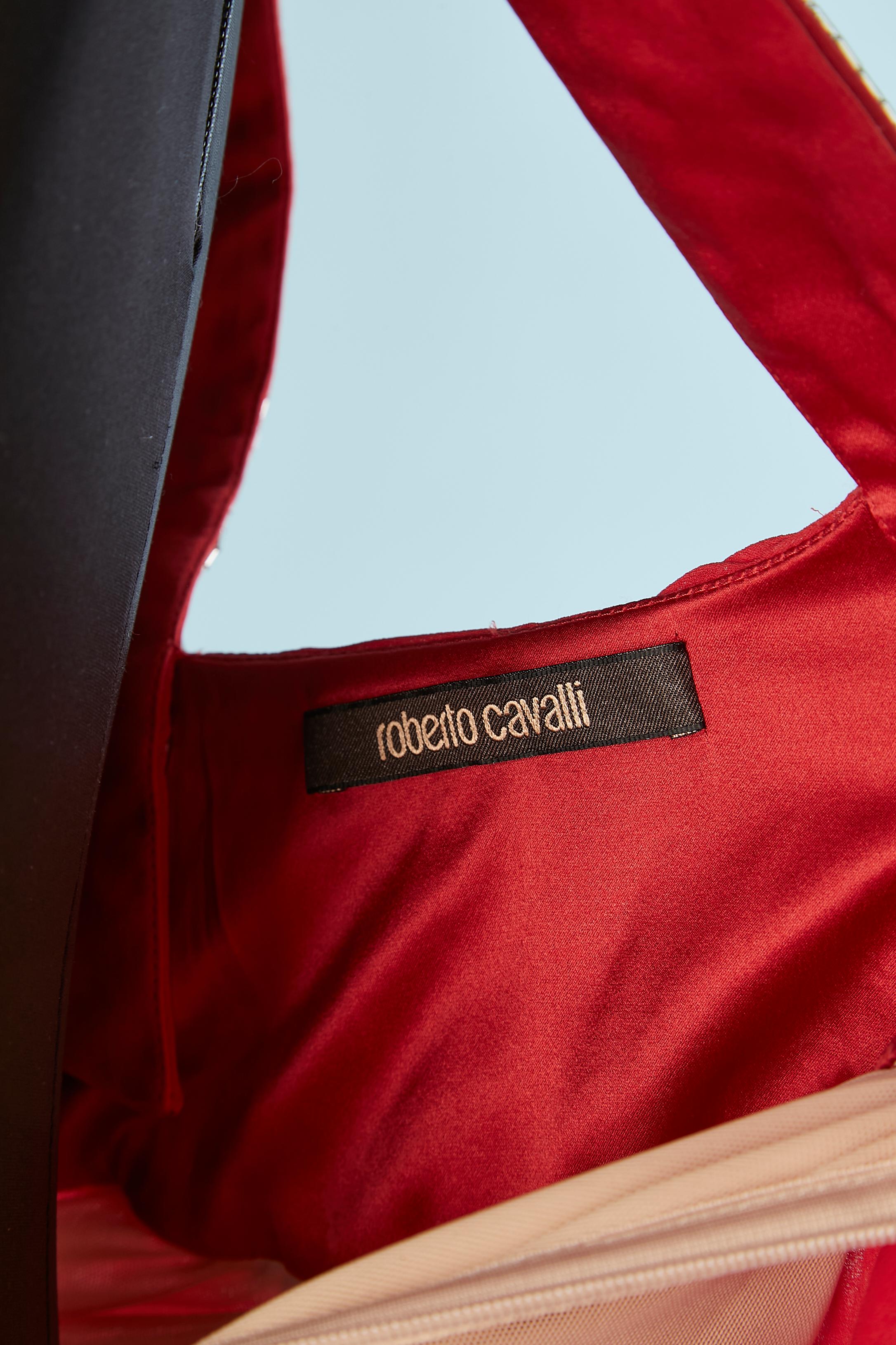 Red silk chiffon evening dress with shoulder straps rhinestone  Roberto Cavalli For Sale 3