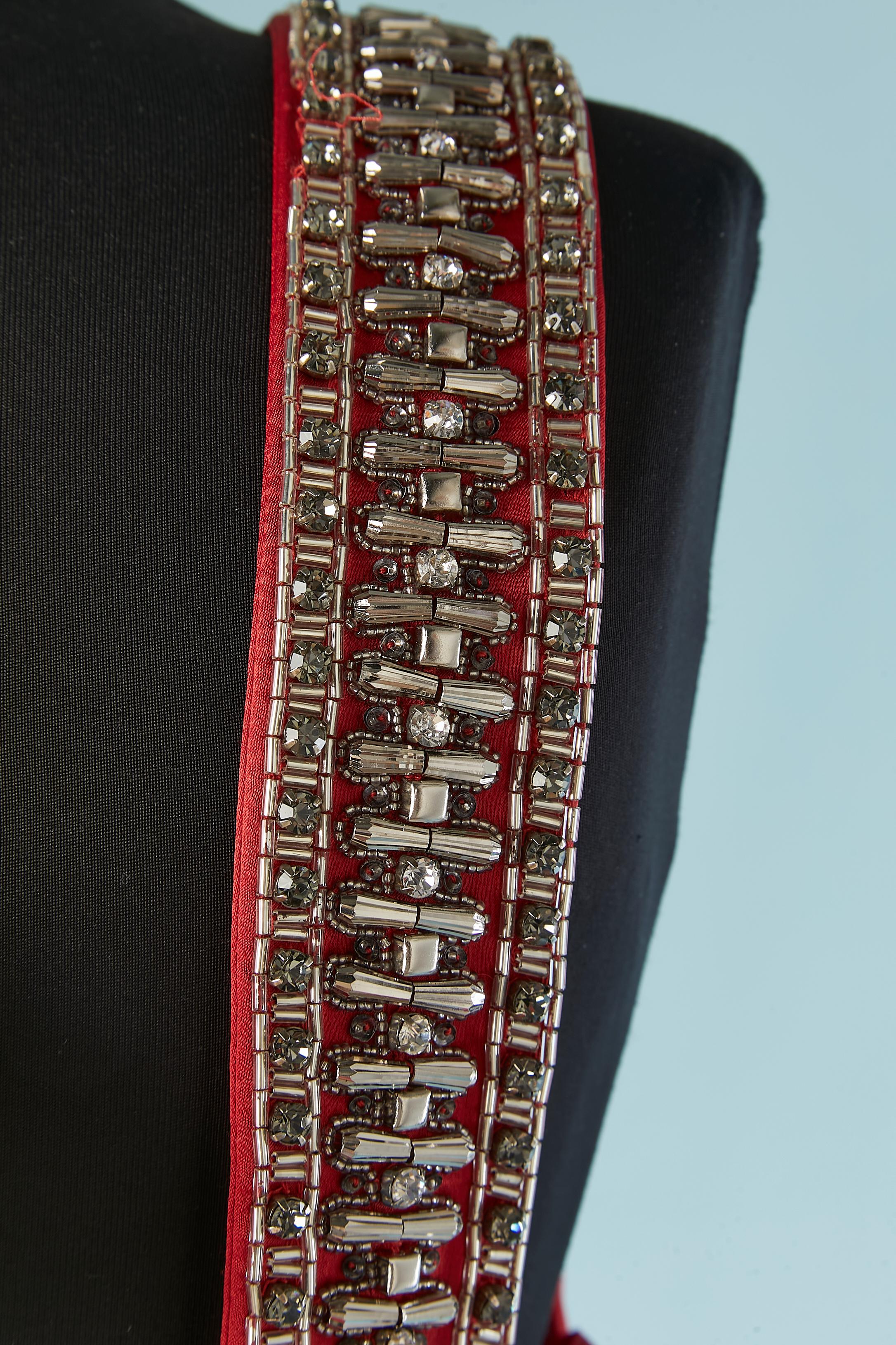 Red silk chiffon evening dress with shoulder straps rhinestone  Roberto Cavalli For Sale 4
