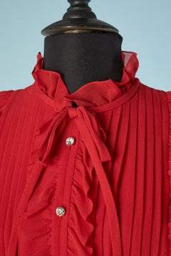 Red silk chiffon pleated cocktail dress with ruffles Philippe Venet Circa 1970