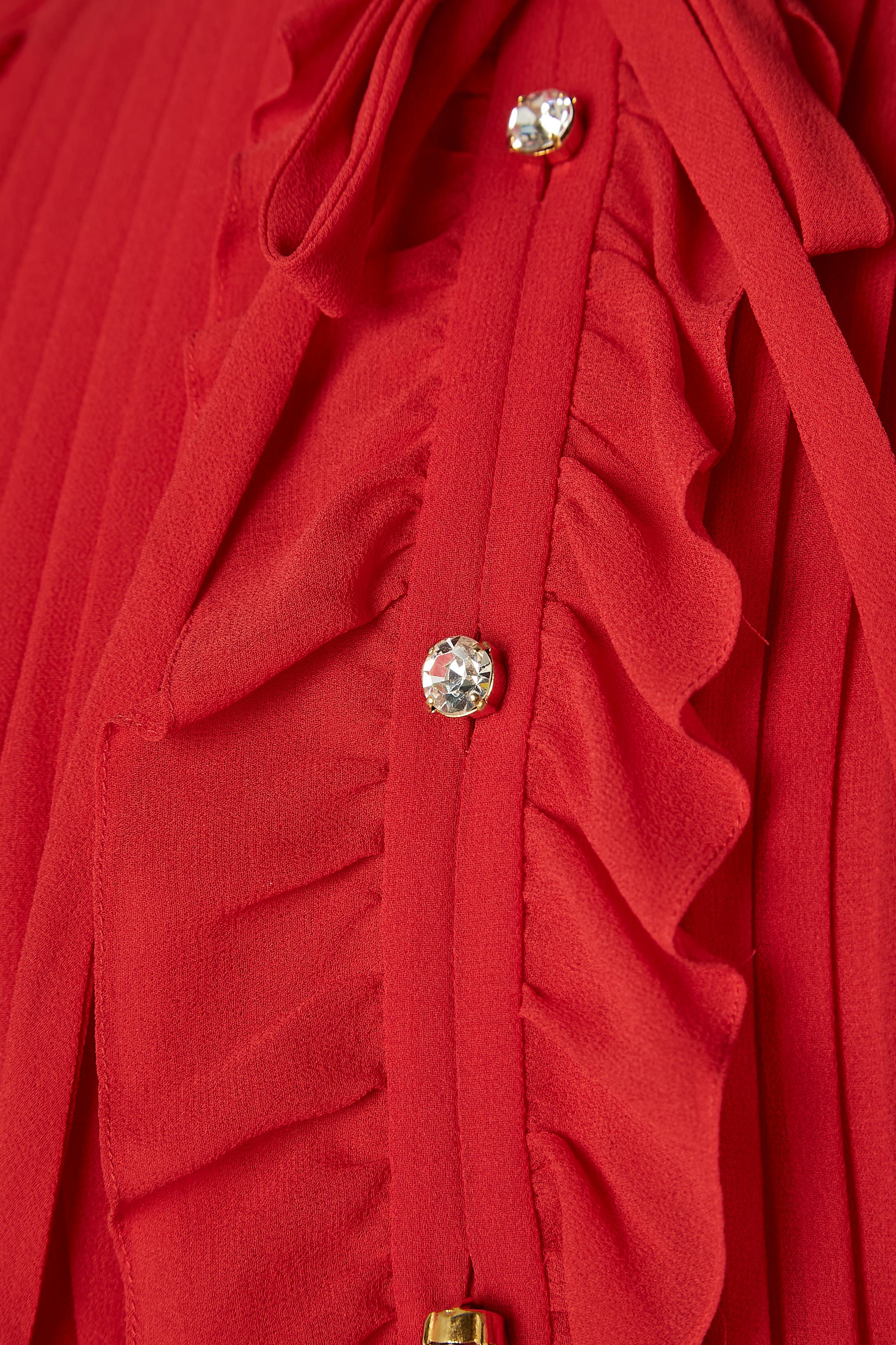 Red silk chiffon pleated cocktail dress with ruffles Philippe Venet Circa 1970 In Excellent Condition For Sale In Saint-Ouen-Sur-Seine, FR