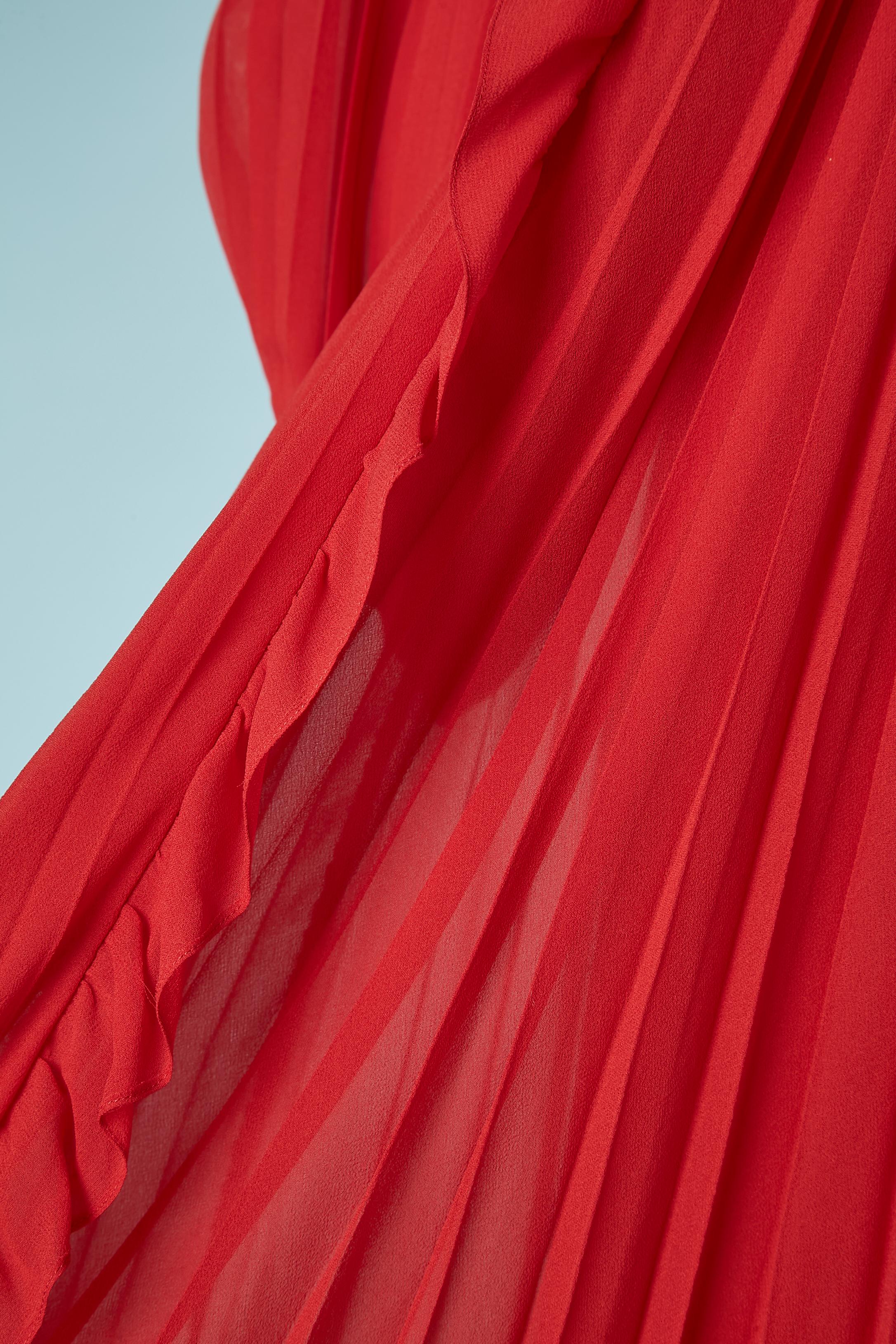 Red silk chiffon pleated cocktail dress with ruffles Philippe Venet Circa 1970 For Sale 1