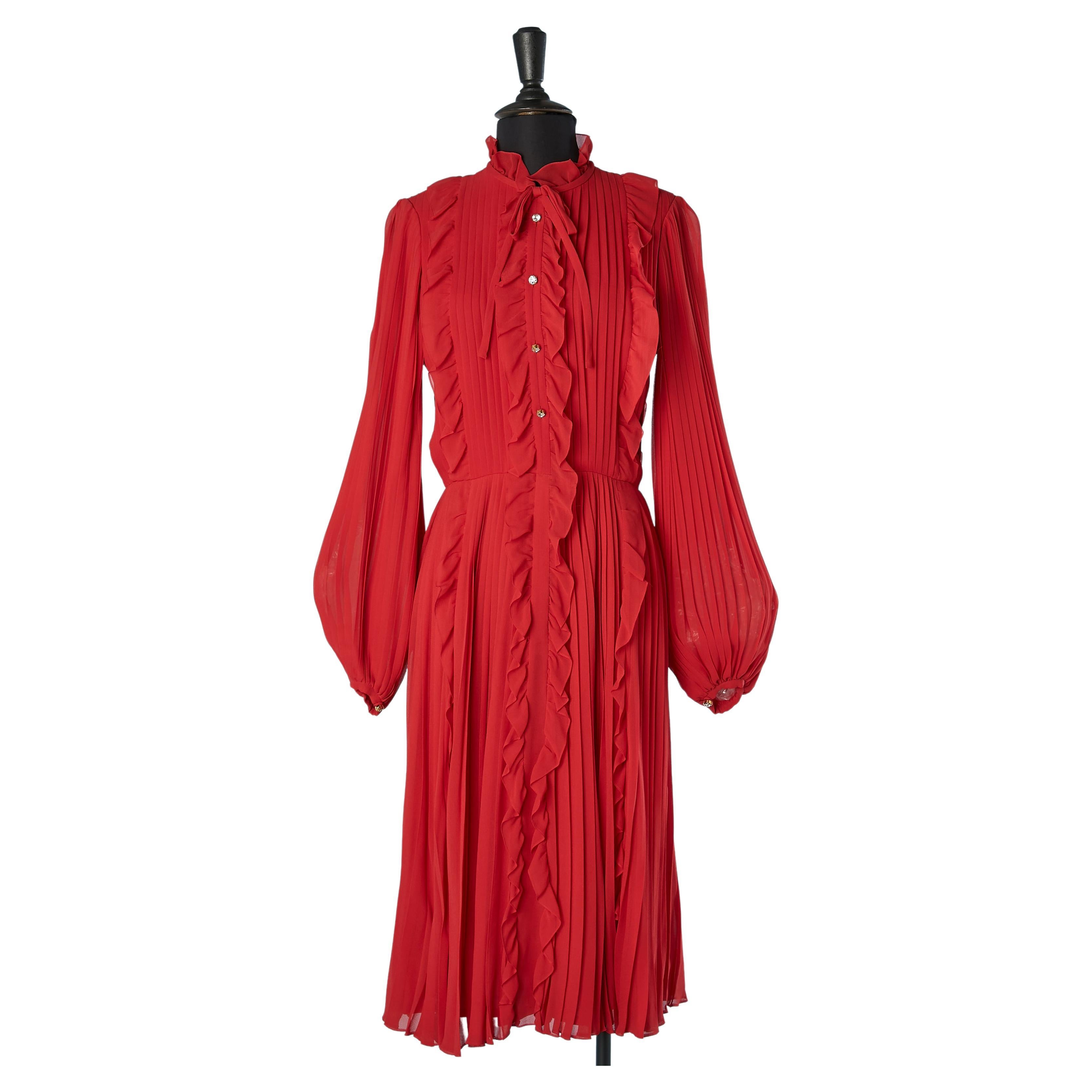Red silk chiffon pleated cocktail dress with ruffles Philippe Venet Circa 1970